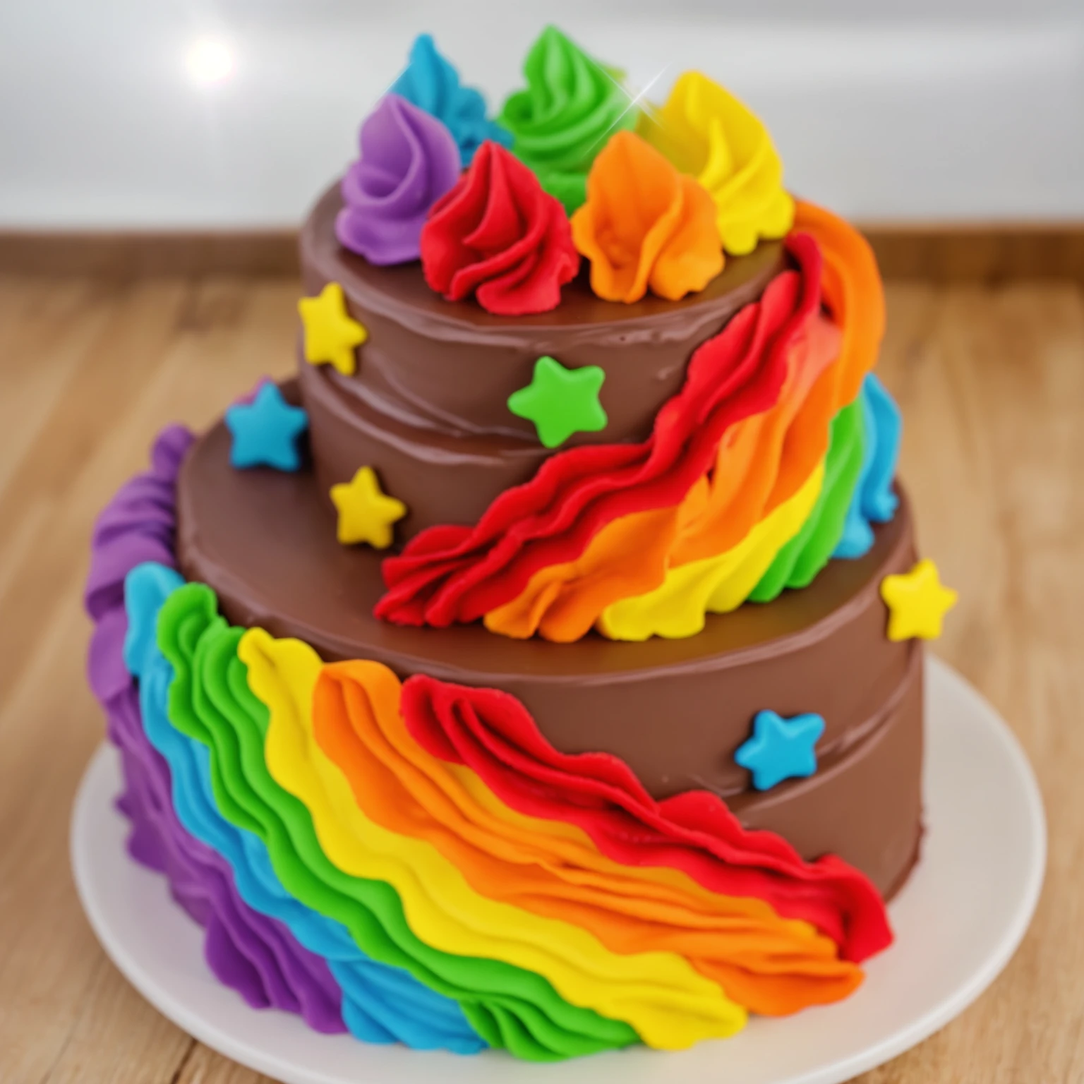 on a wooden table. there is a white plate. two-tier cake, chocolate cream cake, rainbow cream in the form of ruffles, decorated with rainbow stars made of polymer clay, multi-colored cream on top, against the background of the kitchen, Beautiful light from the window, Contour light, several light sources, beautiful lighting, Bright light source, bright lighting, beautiful light sources, Multiple light sources, Realistic style , realistic texture, detailed texture, A high resolution, high quality, beautiful photo of the cake, advertising photo, macro photography