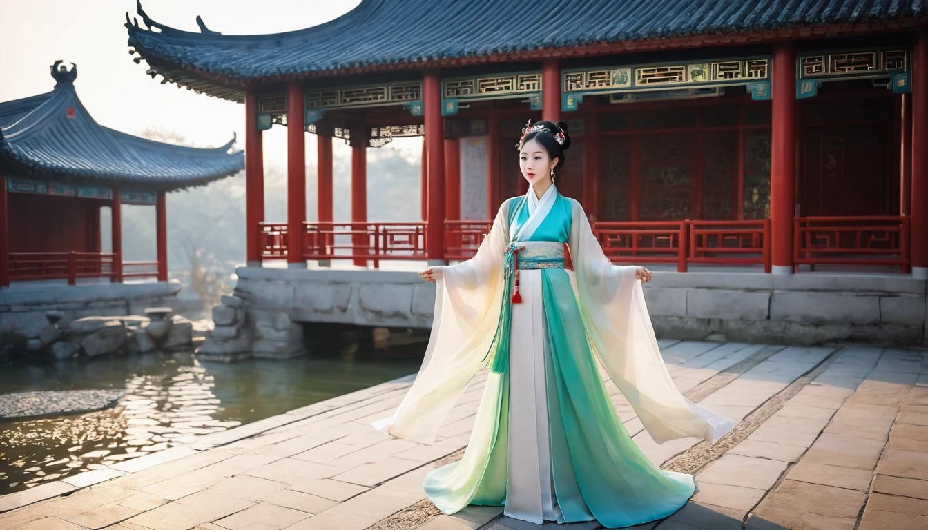 In traditional Chinese palace architecture,Women wearing Hanfu for photos。RAW photos,Best quality,(reality,照⽚reality感:1.3),masterpiece,Extremely exquisite and beautiful,High resolution,Original,Perfect lighting,(Extremely detailed CG:1.2),Unification,2k wallpaper,Amazing,fine