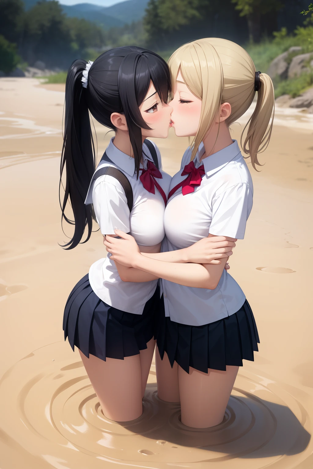 masterpiece, best quality, highly detailed, ultra high res, ayase arisa, 2girls, ((mutiple girls)), hair ornament, glossy lips, medium breasts, white shirt, pleated miniskirt, school, ponytail, twintails, eyes closed, facing each other, kissing, (quicksand:1.2)