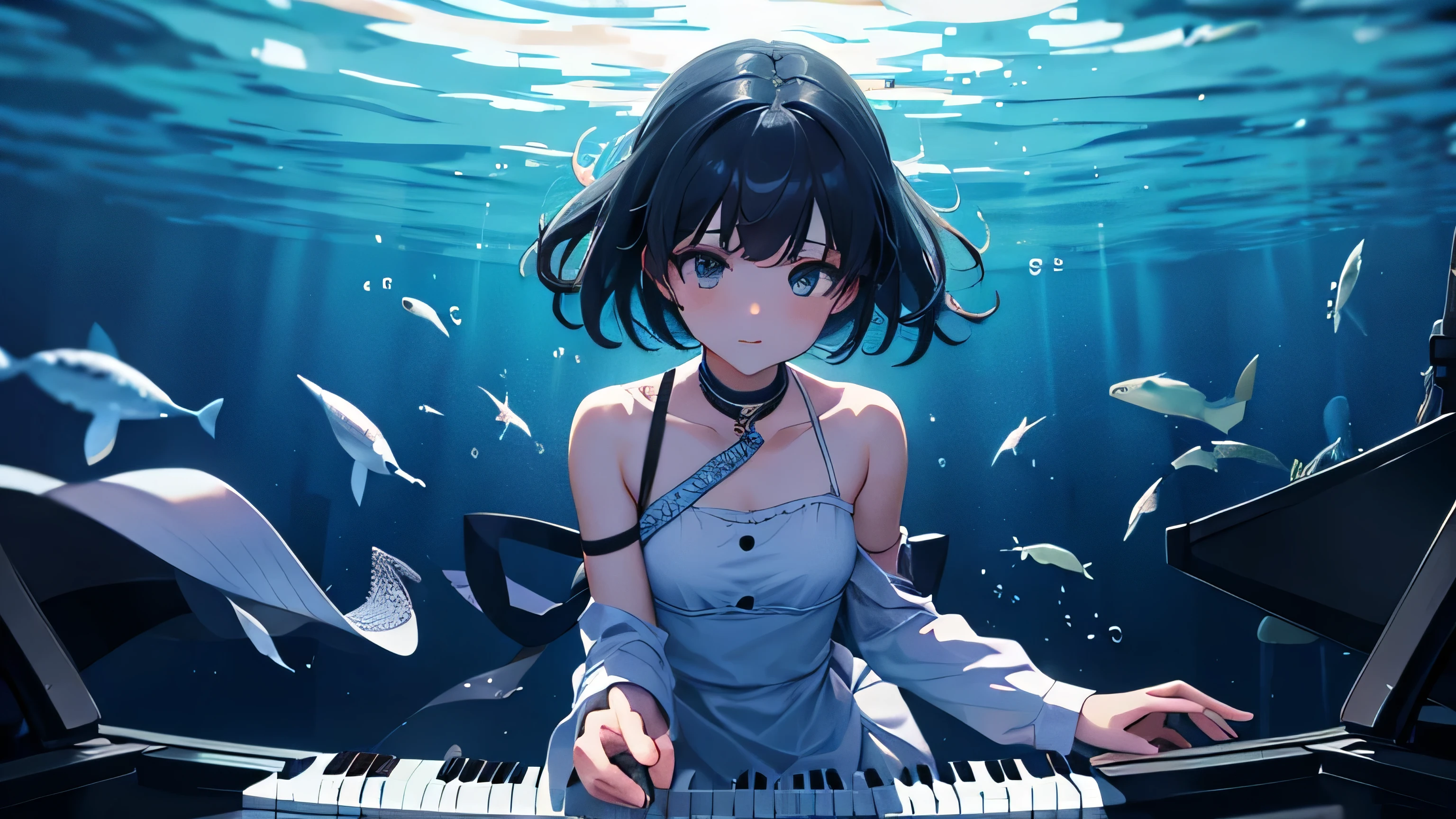 Please depict a girl playing a piano underwater in the silence of the night.
