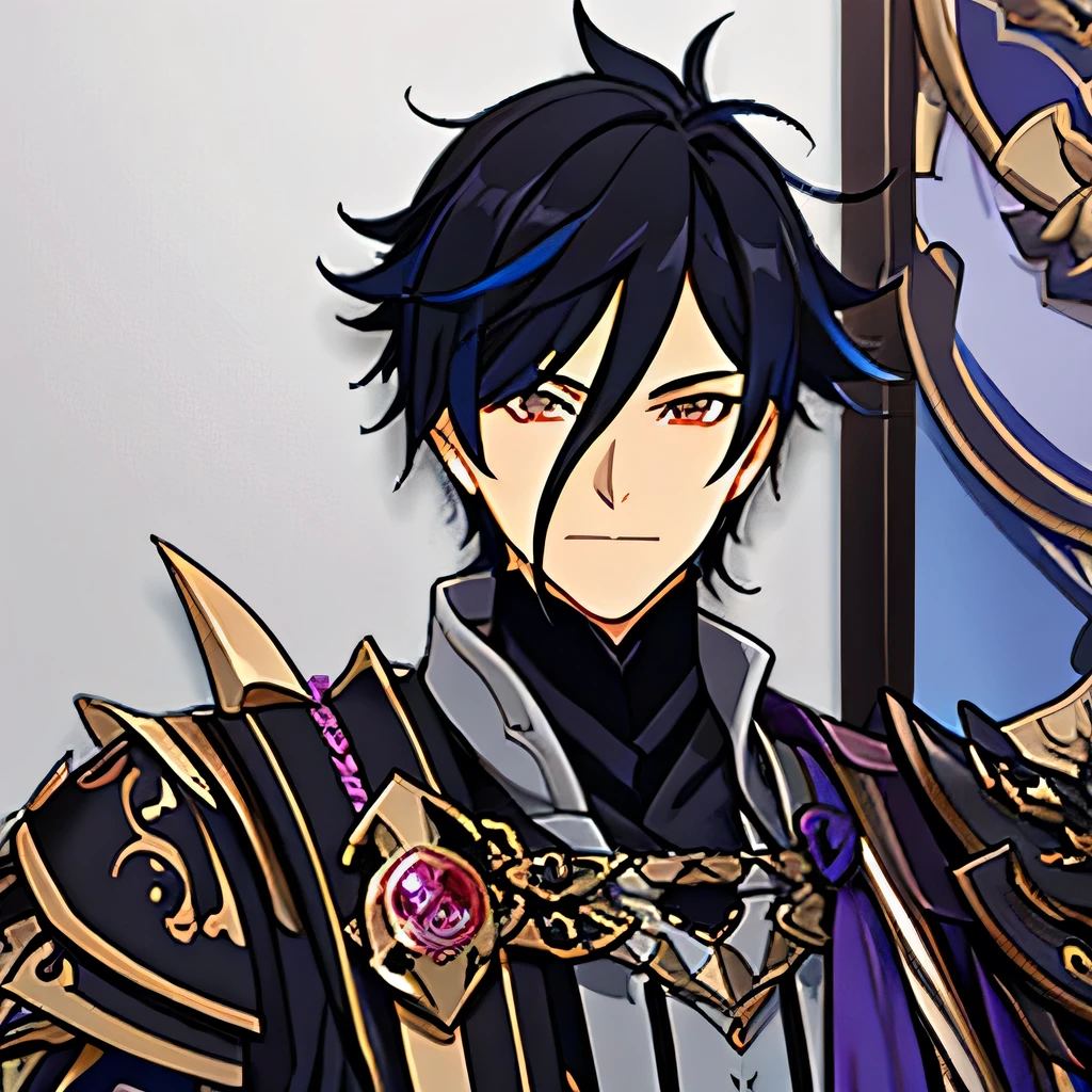 a male anime,single character, hyacinthe rigaud style, Black suite, short Black hair mexas brancas, barba, visual novel sprite, black armor detailed, high quality, cinematic, dramatic pose, intricate details, vibrant colors, masterpiece, Genshin impact. 