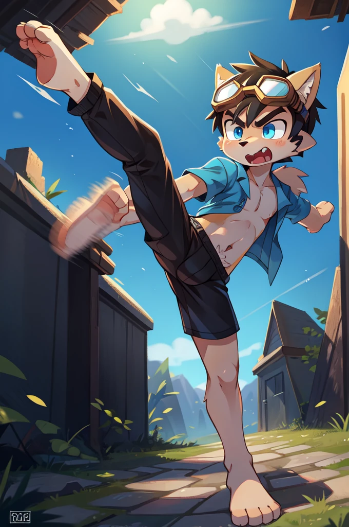 score_9,score_8_up,score_7_up, source_cartoon, source_furry, Furry shota, young, wolf, black hair, long spiky ponytail, blue eyes, detailed body fur, ((goggles, blue hawaiian shirt, open clothes, one shoulder off, black swim trunks)), looking at another, fangs, clear grey body fur, detailed face, big eyebrows, detailed eyes, detailed body, detailed body fur, detailed hands, glistering body, shiny body, skinny, uperbody, solo, skinny, running, kick towards viewer, angry expression, glowing blue eyes, outdoors, from above, fight, dynamic action shot, speed lines, motion blur, Birds Eye view, fighter pose, feet focus, barefoot, feet with three toes, high kick,