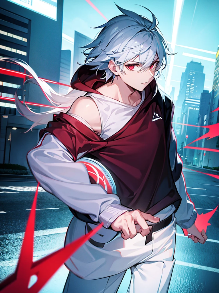 A front of a young man with white hair, red eyes and masculine face. Wearing a black hoodie with purple details. he is in a destroyed city, totally empty. Dungeons and Dragons art direction, studio ghibli Style, light brushstrokes