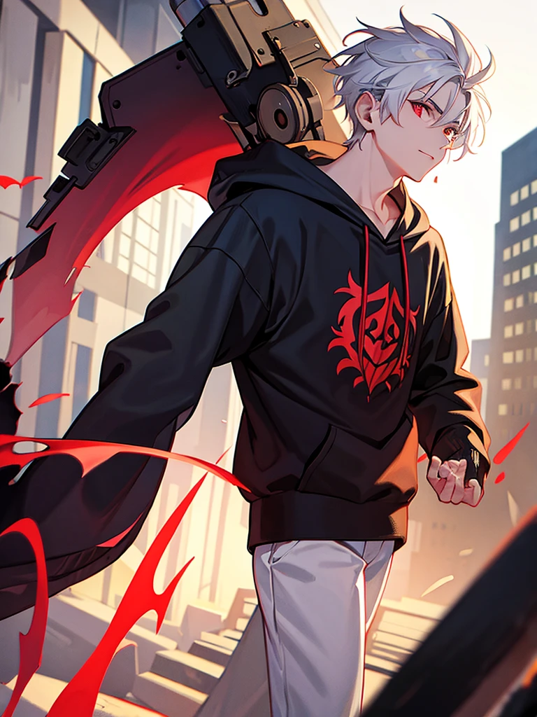 A front of a young man with white hair, red eyes and masculine face. Wearing a black hoodie with purple details. he is in a destroyed city, totally empty. Dungeons and Dragons art direction, studio ghibli Style, light brushstrokes