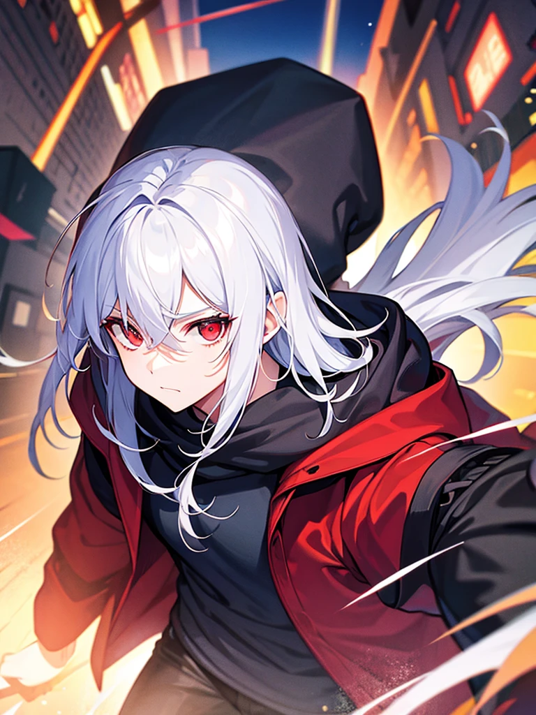 A front of a young man with white hair, red eyes and masculine face. Wearing a black hoodie with purple details. he is in a destroyed city, totally empty. Dungeons and Dragons art direction, studio ghibli Style, light brushstrokes