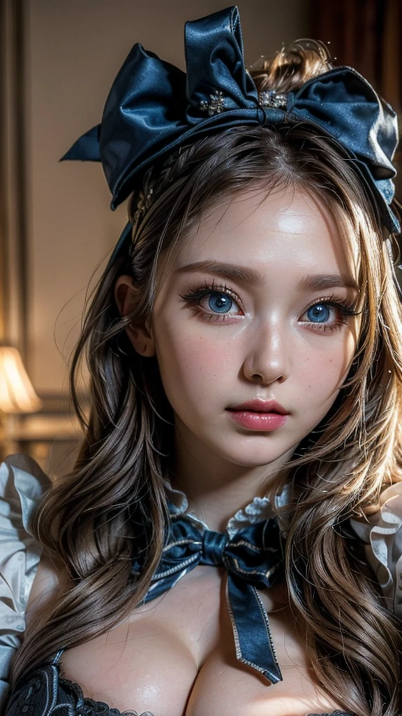 One girl, masterpiece, ((Highest quality:1.4)), 8K, Detailed skin texture, Detailed cloth texture, ((Beautifully detailed face:1.4)), Intricate details, Super detailed, Alice in Wonderland, (A ribbon on her head:1.1), (Upper Body),((Natural big breasts:1.4)),((Very beautiful big eyes))