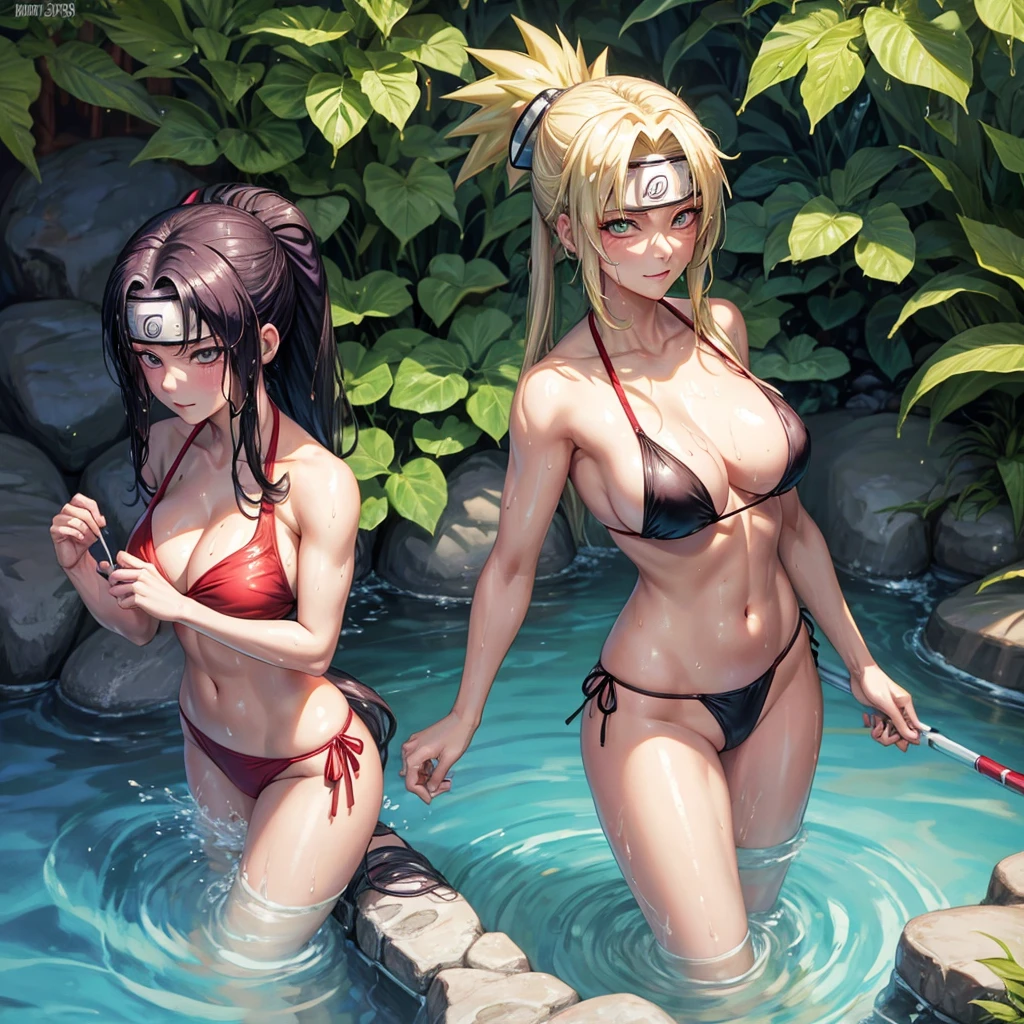tsunade(naruto) in a sensual bikini coming out of a wet pool with her back turned and crouched down +18