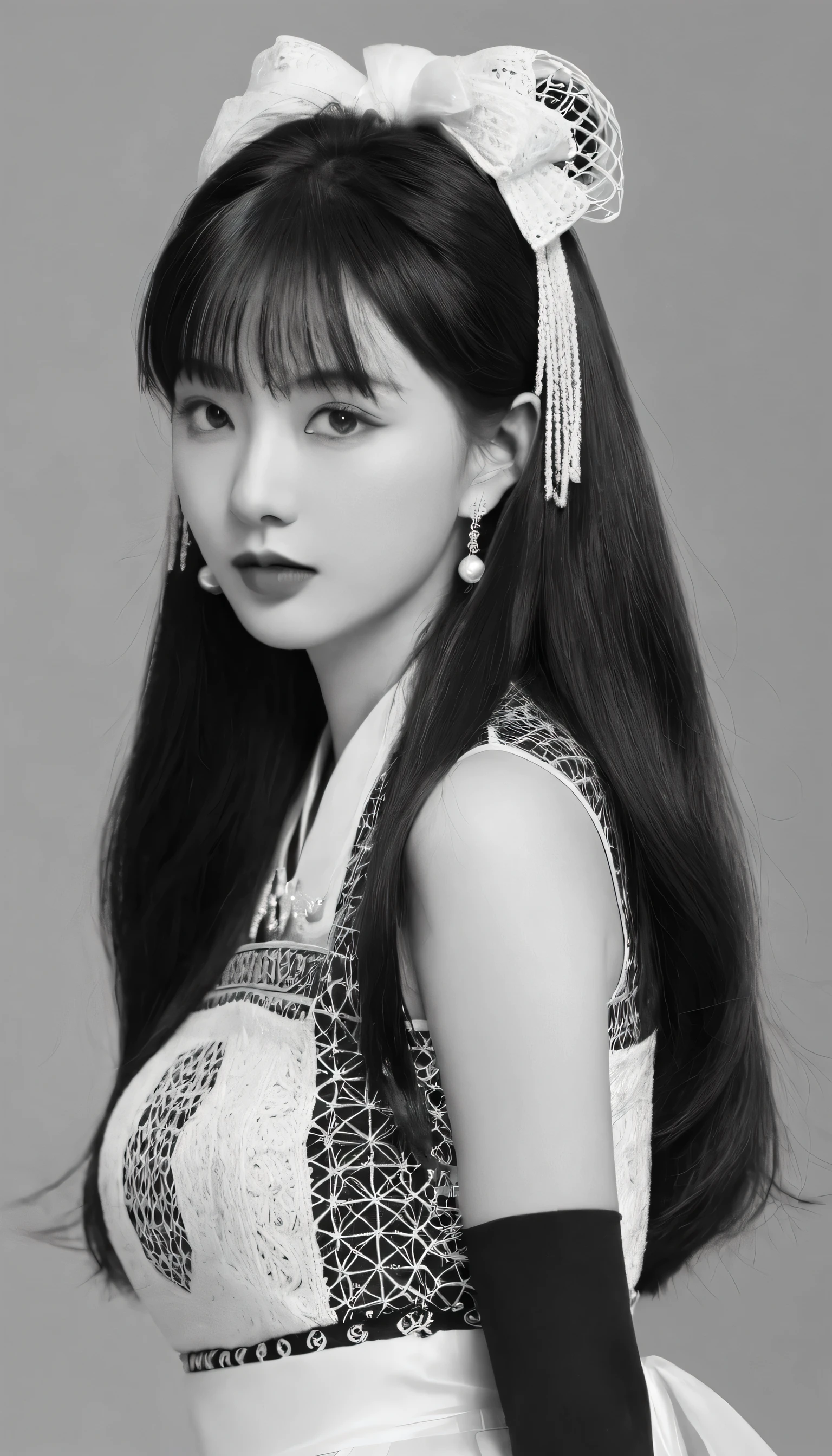 Lin Mingmei, 1 Girl, Solitary, monochrome, Weaving, Looking at the audience, skirt, Long hair, traditional media, sign, Bangs, cosmetic, own hands, Black Hair, Upper Body, Lipstick, Drilling hair, Artist Name, twin Weavings, Bridal Gloves, sleeveless