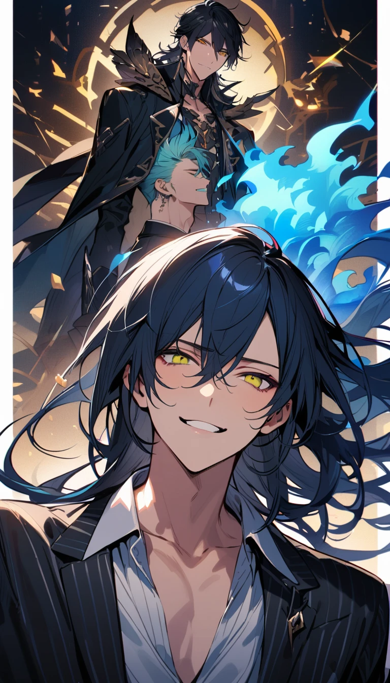 (pieces fly), (highest quality), very detailed, ((two men)), perfect face, beautiful face, very detailed face，(black haired man:1.3)，(blue haired man:1.3)，suit，shirt，smile，flower, (1st boy,Idia Shroud, bishounen, boy, male, extremely long hair, blue hair, blue fire hair, wavy hair, yellow eyes, tired expression, blue lips, handsome, skinny, geeky, blue glow, shark teeth,) (2nd boy, malleus draconia \(twisted wonderland\) horns, bishounen, boy, male, long hair, black hair, yellow green eyes, smile, gray lips, handsome, skinny, tall, yellow green glow,) 