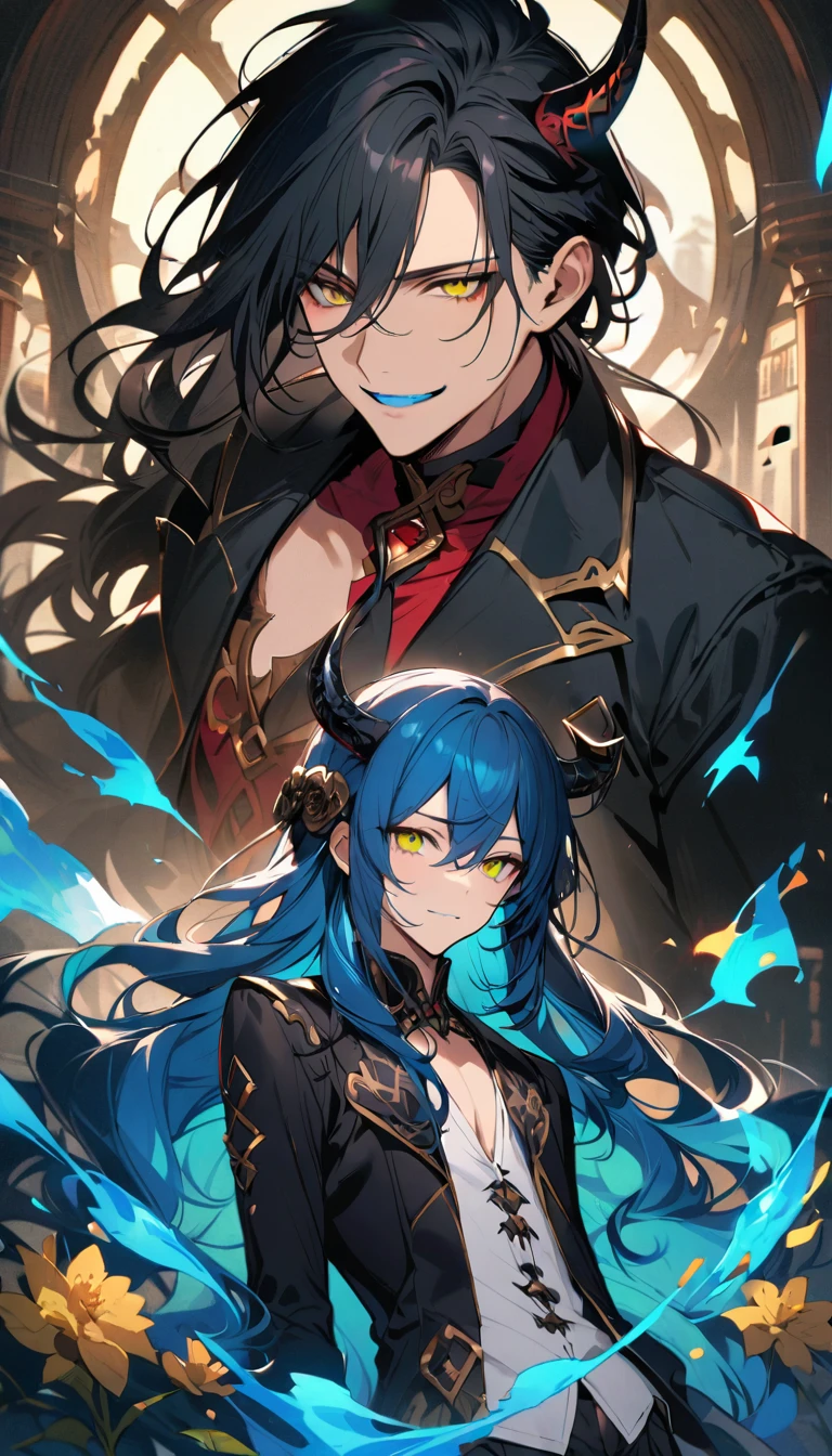 (pieces fly), (highest quality), very detailed, ((two men)), perfect face, beautiful face, very detailed face，(black haired man:1.3)，(blue haired man:1.3)，suit，shirt，smile，flower, (1st boy,Idia Shroud, bishounen, boy, male, extremely long hair, blue hair, blue fire hair, wavy hair, yellow eyes, tired expression, blue lips, handsome, skinny, geeky, blue glow, shark teeth,) (2nd boy, malleus draconia \(twisted wonderland\) horns, bishounen, boy, male, long hair, black hair, yellow green eyes, smile, gray lips, handsome, skinny, tall, yellow green glow,) 