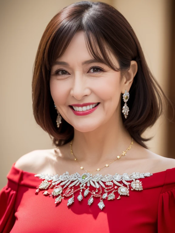 (Solo:1.3),8K, Best quality, Masterpiece, Realistic, Super detail, f/1.2, 85mm, Nikon, Smiling woman with shiny hair, Natural makeup, 67 years old woman, red off-shoulder tops，Ruffled sleeves, Diamond pendant necklace, Emphasize chest, waist shot,