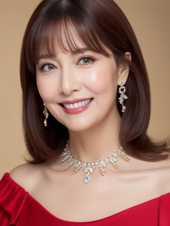 (Solo:1.3),8K, Best quality, Masterpiece, Realistic, Super detail, f/1.2, 85mm, Nikon, Smiling woman with shiny hair, Natural makeup, 67 years old woman, red off-shoulder tops，Ruffled sleeves, Diamond pendant necklace, Emphasize chest, waist shot,