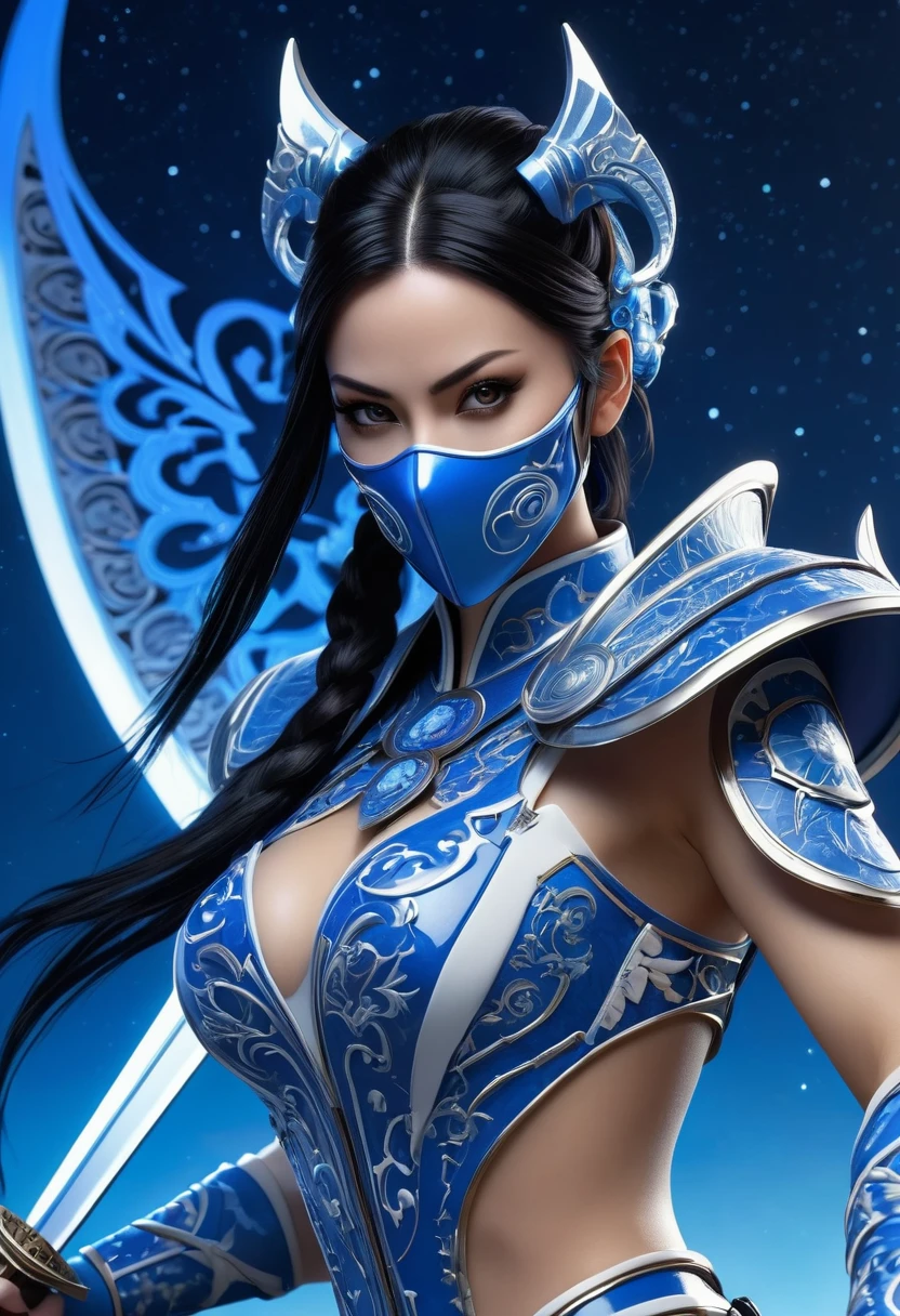 Complex 3D rendering, Beautiful porcelain with mechanical warrior outlines with blue fans with knives on the ends, Kitana from the game Mortal Kombat, long black hair, slanted eyes (blue mask in the mouth), rim light, lace, vibrant details, luxury cyberpunk, hyperreal, anatomical, fans, blue, elegant, Starry sky, octane rendering, 8K, best quality, Artwork, illustration, extremely delicate and beautiful, Very detailed, CG, wallpaper, (real, photo-real:1.37 ), incredible, science fiction, exquisite details, electroplated silver
