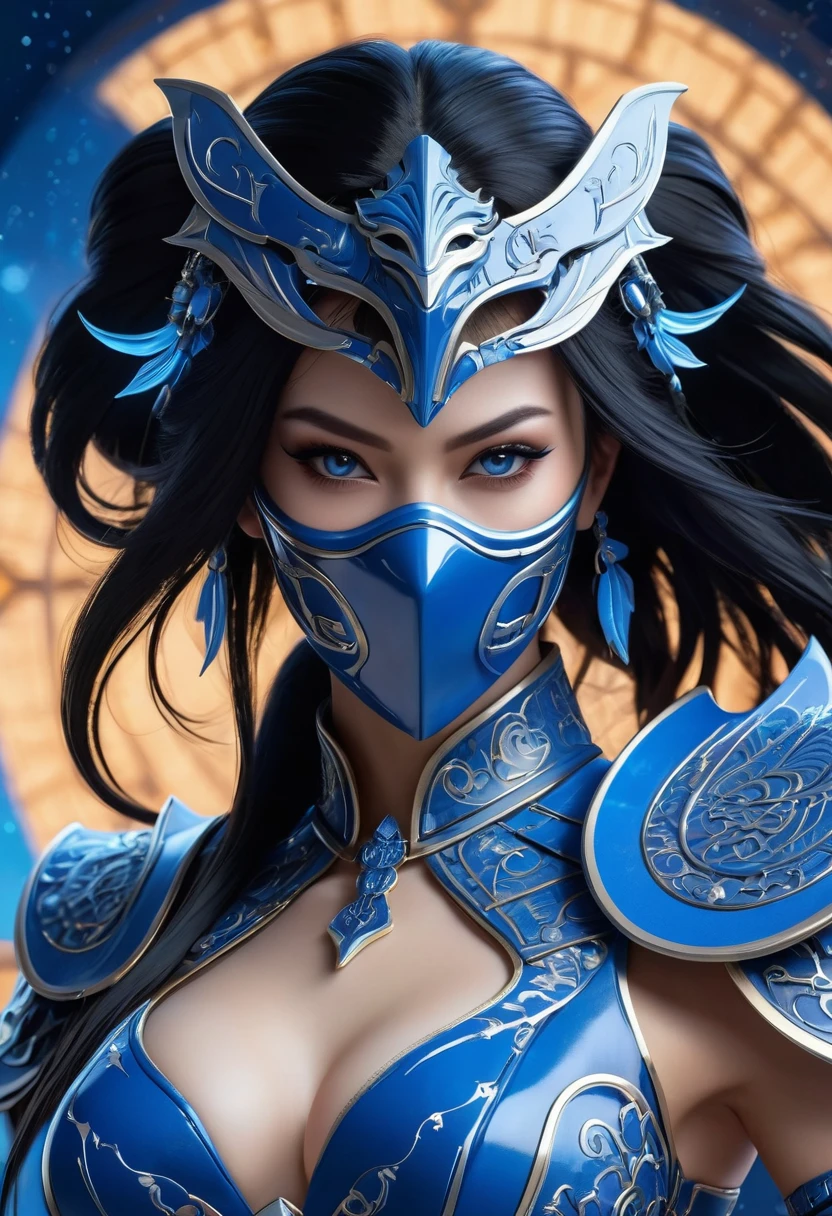 Complex 3D rendering, Beautiful porcelain with mechanical warrior outlines with blue fans with knives on the ends, Kitana from the game Mortal Kombat, long black hair, slanted eyes (blue mask in the mouth), rim light, lace, vibrant details, luxury cyberpunk, hyperreal, anatomical, fans, blue, elegant, Starry sky, octane rendering, 8K, best quality, Artwork, illustration, extremely delicate and beautiful, Very detailed, CG, wallpaper, (real, photo-real:1.37 ), incredible, science fiction, exquisite details, electroplated silver