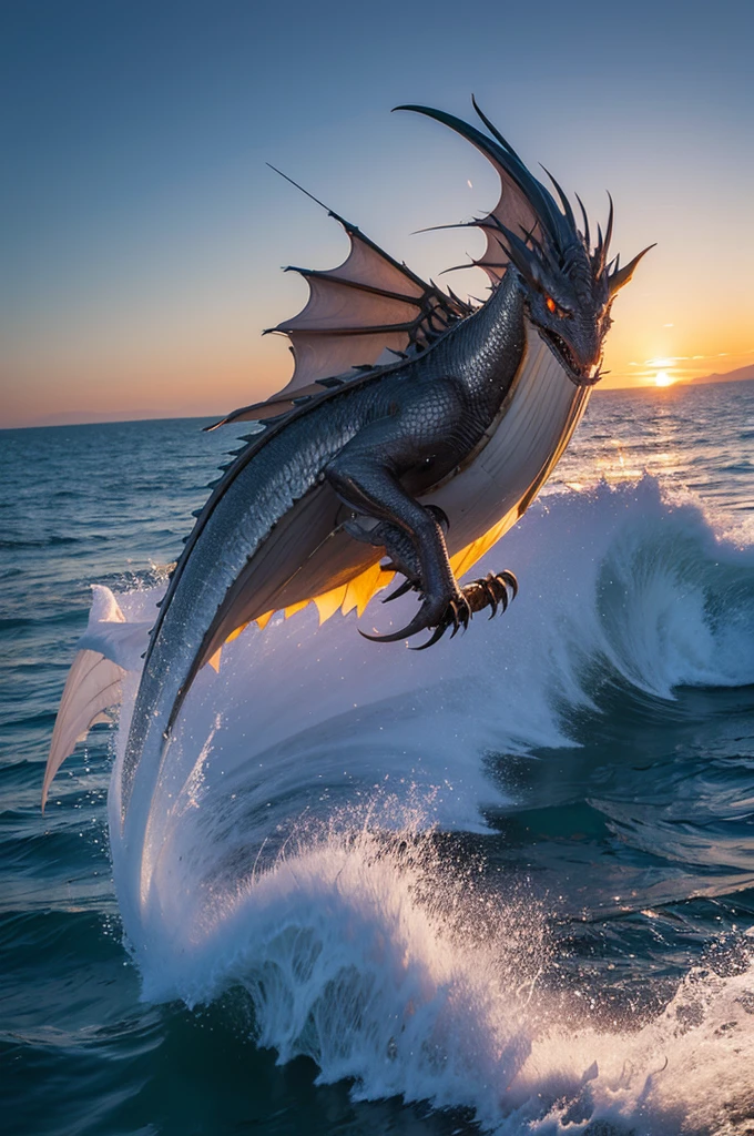 Silver dragon flying over the sea，sad，Look at the lens，Sunset，Ocean background，Japanese comic style，Unreal Engine，illustration，Wide-angle lens，Realistic details，Atmospheric one