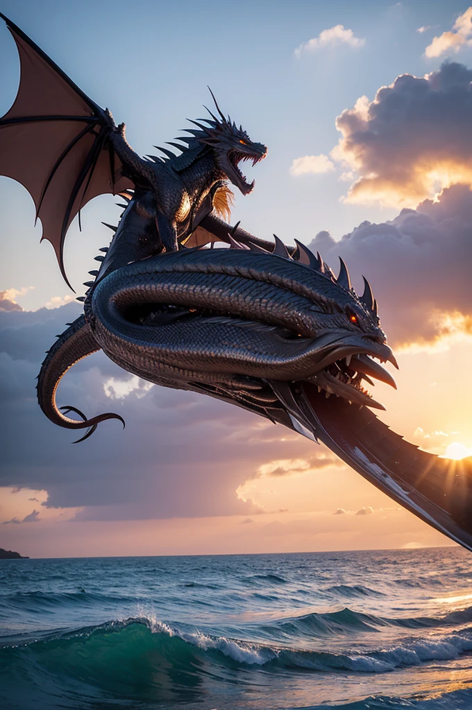 Silver dragon flying over the sea,sad,Look at the lens,Sunset,Ocean background,Japanese comic style,Unreal Engine,illustration,Wide-angle lens,Realistic details,Atmospheric one
