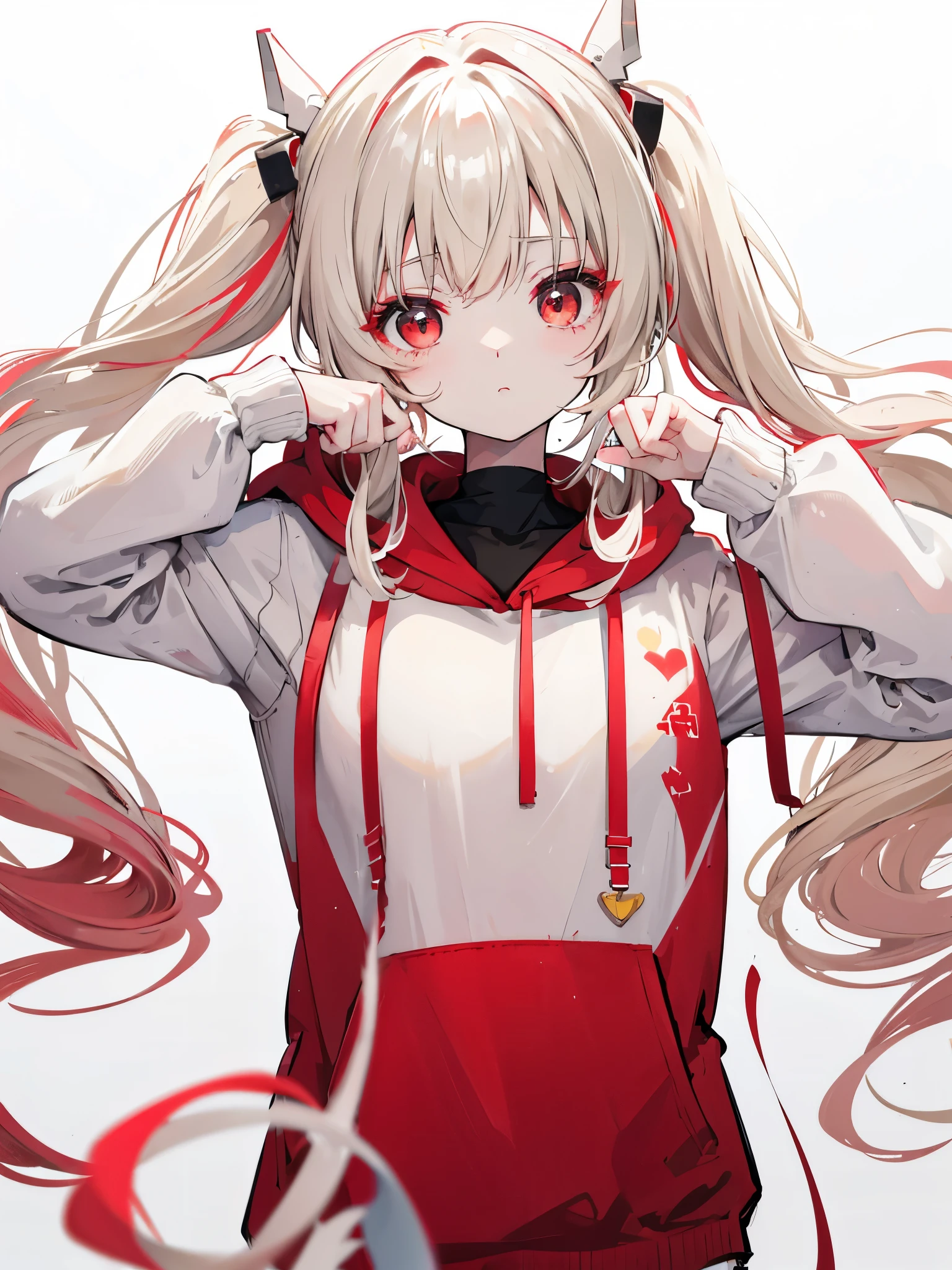 Beige hair and red eyes、Twin tails、Very long hair、Shiny Hair、high quality、Simple Background、White Background、Big hoodie、monochrome outfit、