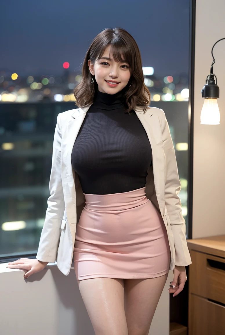 (((touch own clothes:1.4))),(((neat woman,cowboy shot))),Bright-eyed excitement,(((kind big smile:1.8,blush,red cheek))),random pose,((((blush,red cheek)))),(cinematic lighting), (Photo real:1.4)、(A hyper-realistic:1.4)、(Photorealistic:1.3)、 (gentle lighting: 1.05)、(Improve the lighting quality of your video:0.9)、 32k、25years old woman、photorealistic lighting、Back lighting、Facial Lights、Ray Trace、(bright:1.2)、(Increase quality:1.4)、 (best quality real texture skin)、Fair eyes,delicate face、 Close-up of the face, ((((Wearing the white high neck onepiece,long skirt-onepiece:1.4,tailored jacket,high-heel))),(Bodyline mood improvement:1.1)、Glossy skin、good figure,perfect anatomy,Beautiful actress,(((beautiful huge breasts,slender waist,slender hip,long slender legs,8heads tall))),(((8heads tall))),(((wavy brown midium hair,bangs))),(((sweat skin,shiny skin,in the beautiful modern night office,super clean night view,in the night))),