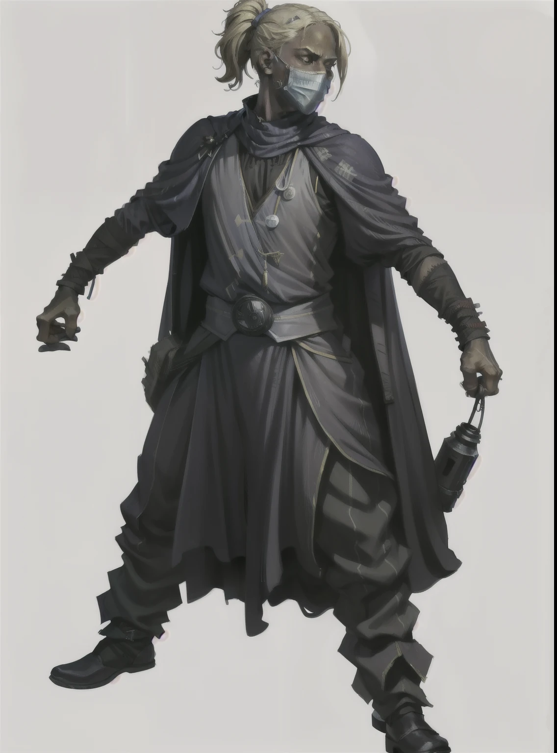I want a character with a white background, png, Full body image, a jester, Doctor in black plague clothes and gas mask, with rags and a medical kit in his hand, blond hair and black skin