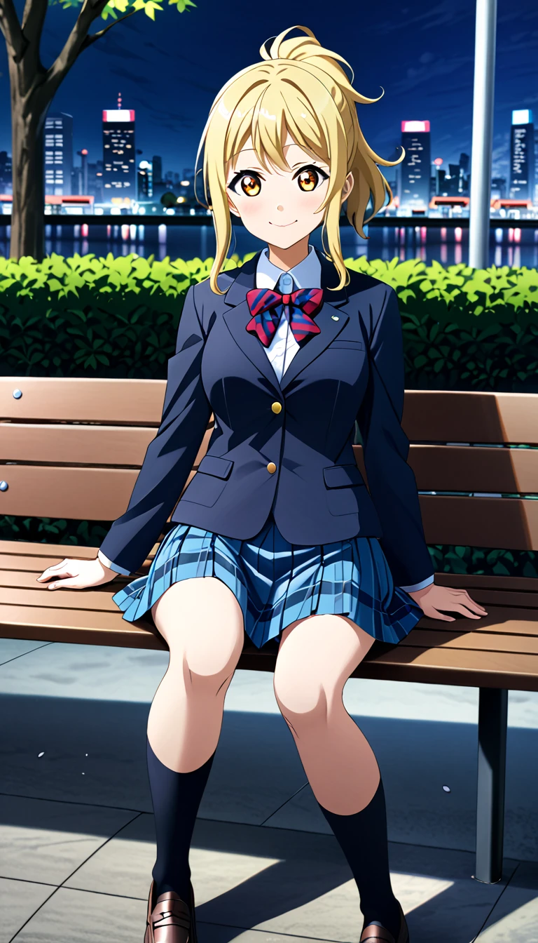 miyashita ai, love live! nijigasaki high school, blonde hair, orange eyes, bangs, sidelocks, ponytail, medium hair, medium breasts , otonokizaka winter uniform, red striped bow tie, navy blue blazer, blue striped skirt,socks,loafers,closed mouth, sitting on bench ,in odaiba city,from front :d, (1girl), (solo),BREAK score_9, score_8_up, score_7_up, score_6_up, source_anime 