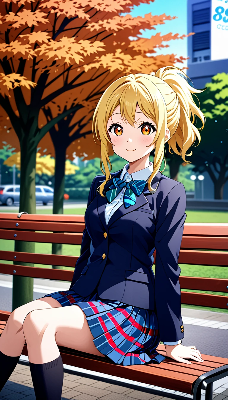 miyashita ai, love live! nijigasaki high school, blonde hair, orange eyes, bangs, sidelocks, ponytail, medium hair, medium breasts , otonokizaka winter uniform, red striped bow tie, navy blue blazer, blue striped skirt,socks,loafers,closed mouth, sitting on bench ,in odaiba city,from front :d, (1girl), (solo),BREAK score_9, score_8_up, score_7_up, score_6_up, source_anime