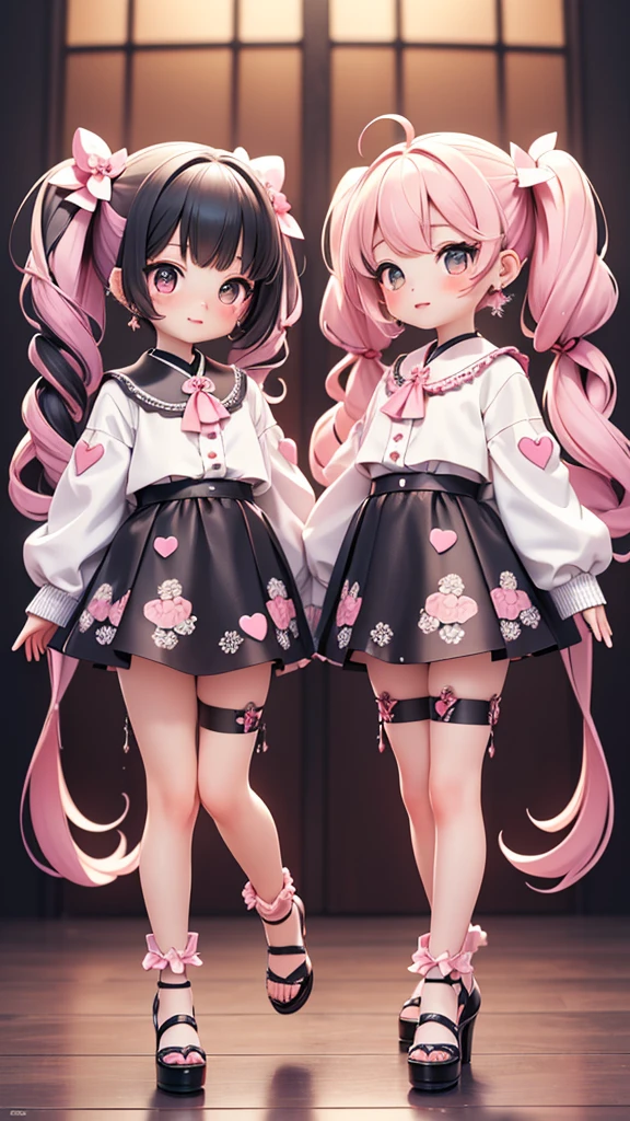 ((petite bishojo, 2girls)), ((kawaii face)), ((heart shaped eyes)), (masterpiece), (top quality), ((hyper detailed)), (exquisite), (beautiful and aesthetic), (super detailed skin), (high standard), (high resolution), (perfect anatomy), (full body), (nose blush), (short twintails), (ahoge), ((jirai kei)), (earring), (lipstick), (perfect hands)