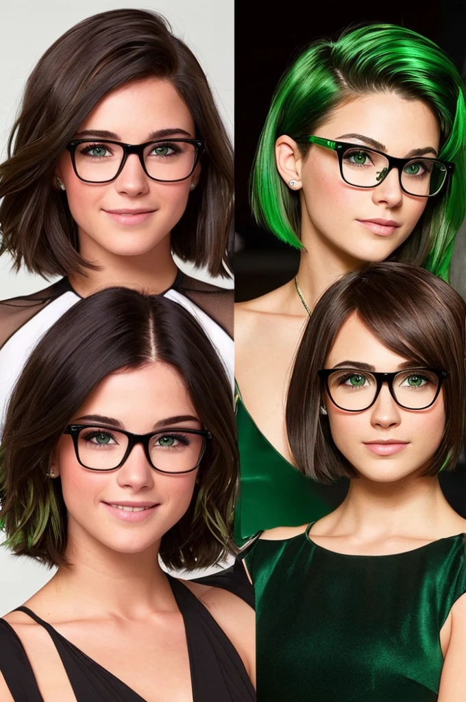 Young 20 to 30 years old,
Unglued, 
Modern haircut with a green streak,
Brunette,
Green eyes,
Glasses, 
Happy, black formal wear