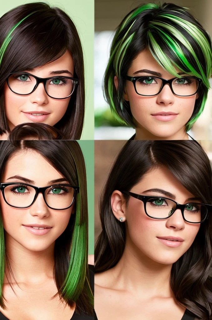 Young 20 to 30 years old,
Unglued, 
Modern haircut with a green streak,
Brunette,
Green eyes,
Glasses, 
Happy, black formal wear
