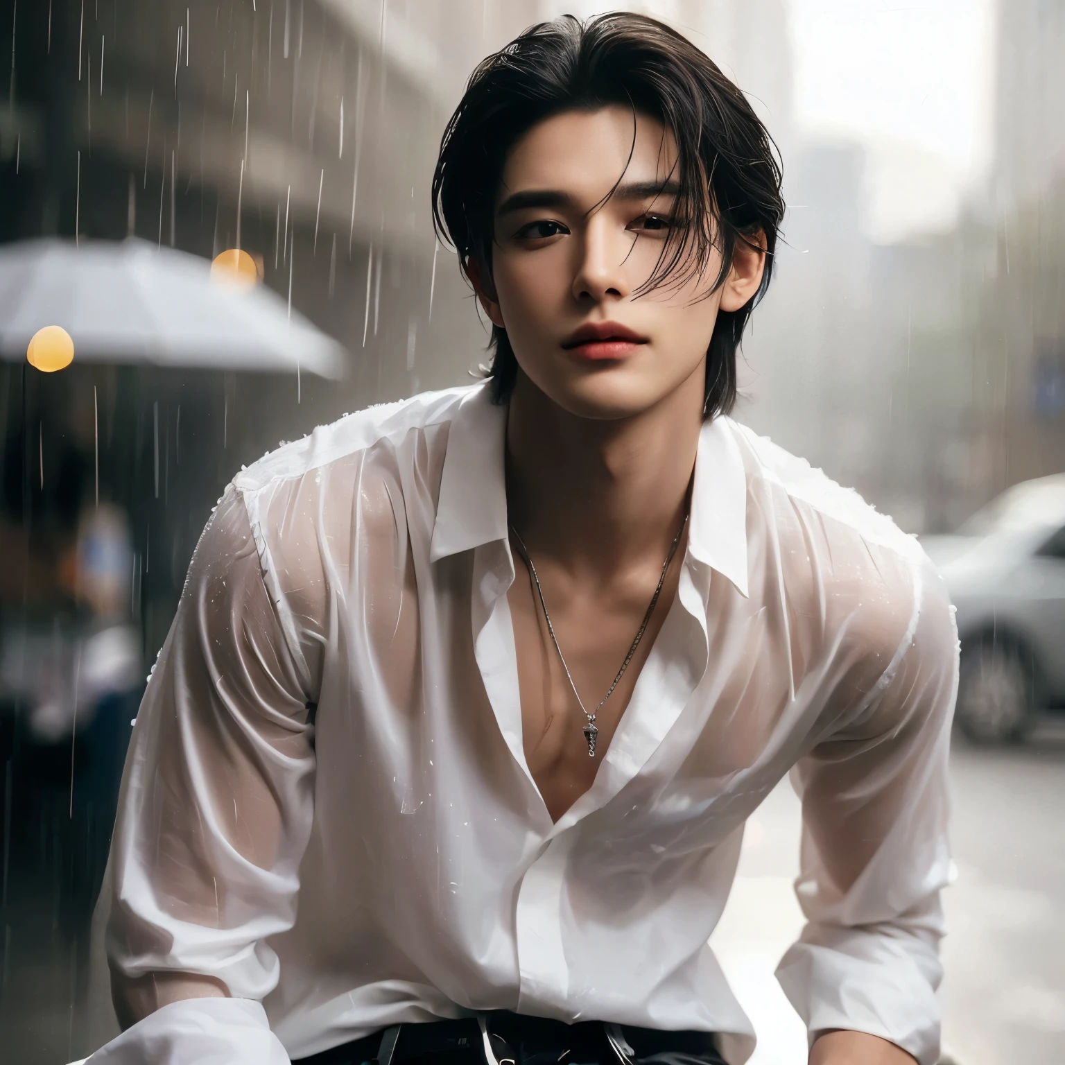 ((highest quality, 8K, masterpiece: 1.3)), New York City、Handsome boy in street fashion:1.5, 20-year-old、Delinquent boy、 well-groomed face, black hair color、thin face、(white skin:1.5)、whole body、black eyes、boy with makeup、Super handsome、sexy eyes、Extra-fine face, handsome nose, small eyes and face, beautiful lighting, High resolution, detailed mouth, laughing out loud, Laughter、Delighted、whole body: 1.5, perfect body shape、super slim,medium hair、STUSSY clothes、silver accessories、Oversized clothes、same clothes