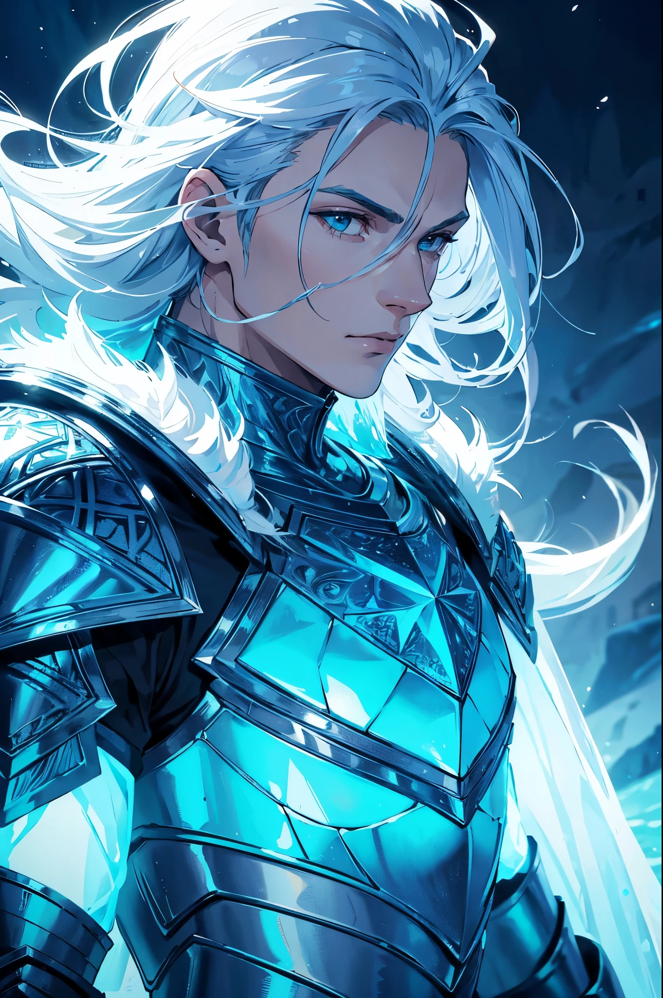 Ice knight, beautiful man with fine armor, intricate design, ocean blue details, silk, cinematic lighting, 4k, floating hair, sharp, prism, shining knight. Man with details armor. 