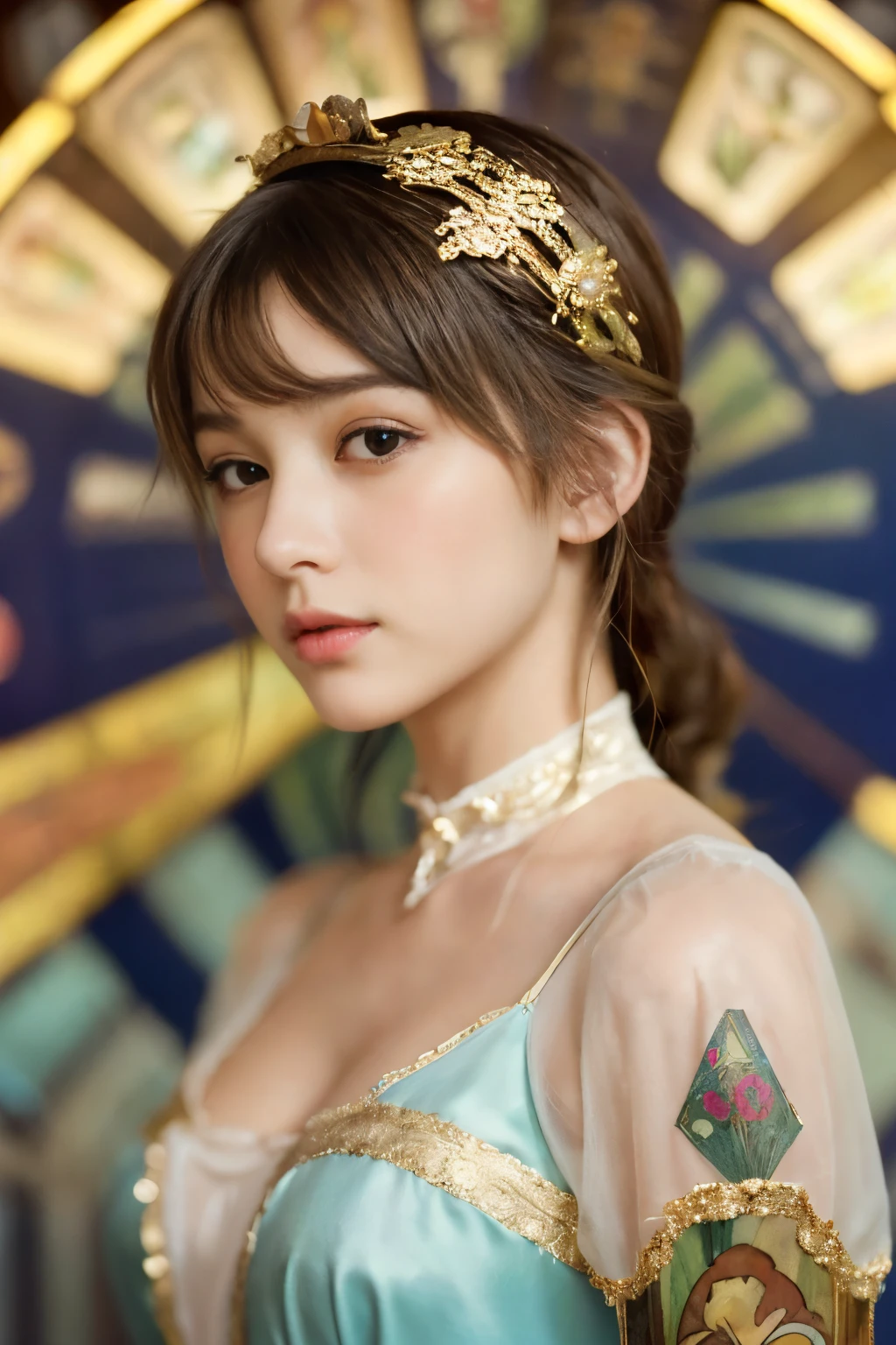 ((masterpiece:1.4, Highest quality)), (Realistic photos:1.4), (artwork),
((1 Girl)), (Otherworldly beauty), (dream-like),
(超High resolution:1.2), Very delicate and beautiful, wonderful, Very detailedな CG Unity 8k 壁紙, Very detailed, High resolution,
Soft Light, Beautiful detailed girl, Very detailedな目と顔, Beautiful and exquisite nose, Beautiful and exquisite,
(Dressed in early 20th century French costume:1.3),
Cinema Lighting, Perfect Anatomy, Slender body, (Parted bangs),
(Portrait of a Girl by Alphonse Mucha:1.5), (Abstract Background), (Designed picture background),
Cowboy Shot