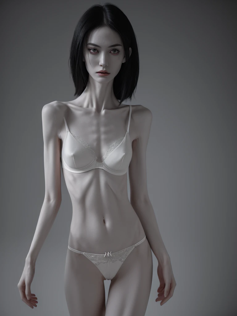 a woman with an extremely thin, emaciated body, visible bones, very slender figure, pale white skin, wearing only panties and a bra, full body tattoo, full body shot, having a mental breakdown, (best quality,4k,8k,highres,masterpiece:1.2),ultra-detailed,(realistic,photorealistic,photo-realistic:1.37),extremely detailed eyes and face,longeyelashes,dramatic lighting,high contrast,cinematic
