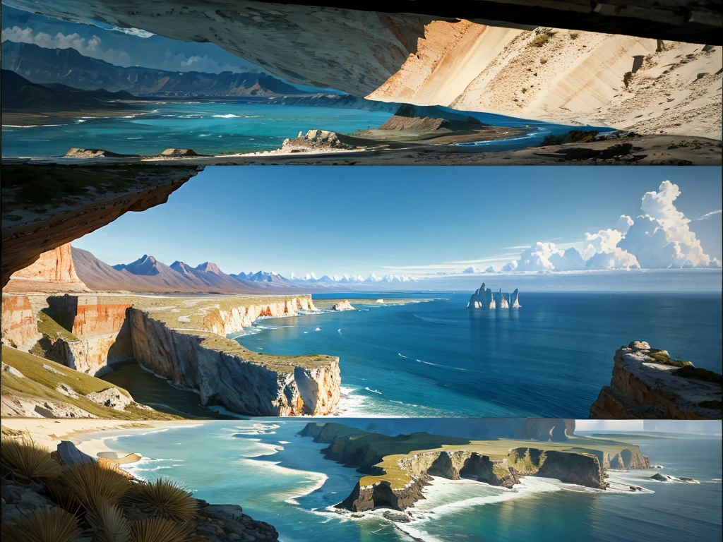 8K picture quality，Best quality，masterpiece，HD，Super rich detail，detailed，Landscapes Mountains Ocean Desert Sea Water Sea Cliff