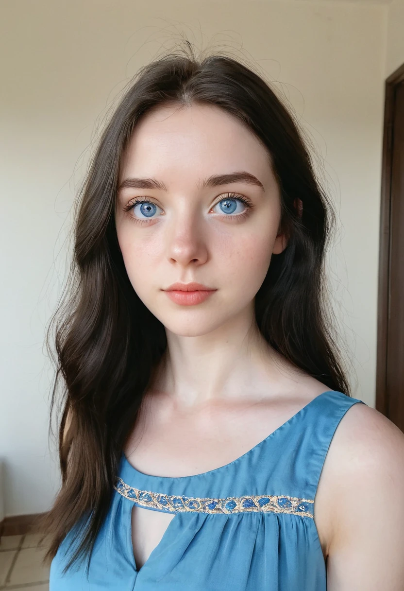 selfie face snapshot, 19 yrs old woman, 1.65m high, dark brown shoulder-length hair, open hair, a strand of hair on the face, blue eyes, standing, sandals, blue dress, perfect face, (Kontakt Iris: 1.1), pale skin, some skin blemishes, several birthmarks, skin pores, low depth of field, soft light, low light, masterpiece, 8K, (Beautiful eyes with very delicate:1.3),(beautiful big clear eyes)