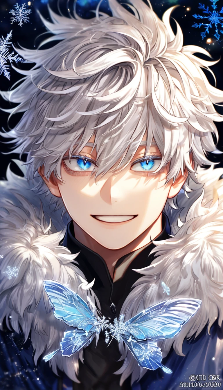 absurdres, highres, ultra detailed, HDR, master piece, best quality, extremely detailed face, delicated features, Gojou Satoru, white hair, messy hair, hair between the eyes, expressive blue eyes, white eyelashes, Boku No Hero Academia, sexy man, solo, handsome, smiling, blue jacket with fur, black shirt, fantasy, magical, ice, ice butterflies, snowflakes, starry night