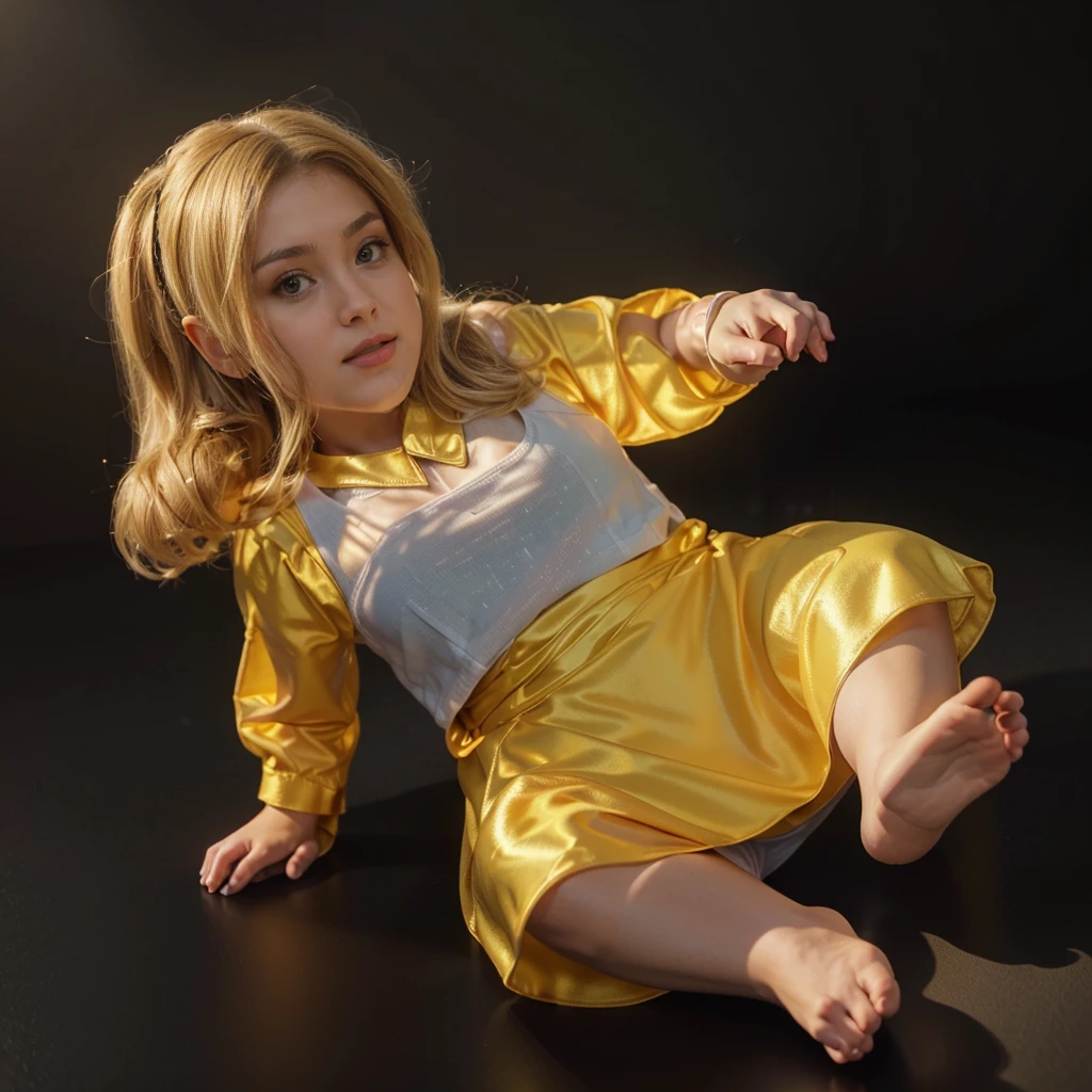 The image shows a 3D animated character, a baby girl with blonde hair, wearing a yellow dress and a red skirt, sitting on the floor, smooth 3d model, glossy plastic texture, multiple light sources, rim light, sharp post effects render, most beautiful vfx, , realistic, 4k, high resolution, rim light, smooth 3d model. , glossy texture, smooth 3d model, multiple light sources, rim light, sharp post effects render, (glossy plastic texture with multiple big light probe refractions), perfect cgi, reflective, best quality, 4k, masterpiece:1.2, ultra-detailed, realistic, vivid colors, The image of the highest quality, ensuring every detail showcased perfectly. It in 4k resolution, allowing viewers to immerse themselves in the richness of the colors and intricate details. The realistic rendering. under the spotlight, reflecting, high-resolution image, realistic rendering