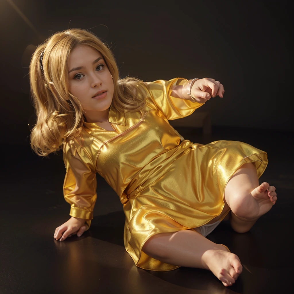 The image shows a 3D animated character, a baby girl with blonde hair, wearing a yellow dress and a red skirt, sitting on the floor, smooth 3d model, glossy plastic texture, multiple light sources, rim light, sharp post effects render, most beautiful vfx, , realistic, 4k, high resolution, rim light, smooth 3d model. , glossy texture, smooth 3d model, multiple light sources, rim light, sharp post effects render, (glossy plastic texture with multiple big light probe refractions), perfect cgi, reflective, best quality, 4k, masterpiece:1.2, ultra-detailed, realistic, vivid colors, The image of the highest quality, ensuring every detail showcased perfectly. It in 4k resolution, allowing viewers to immerse themselves in the richness of the colors and intricate details. The realistic rendering. under the spotlight, reflecting, high-resolution image, realistic rendering