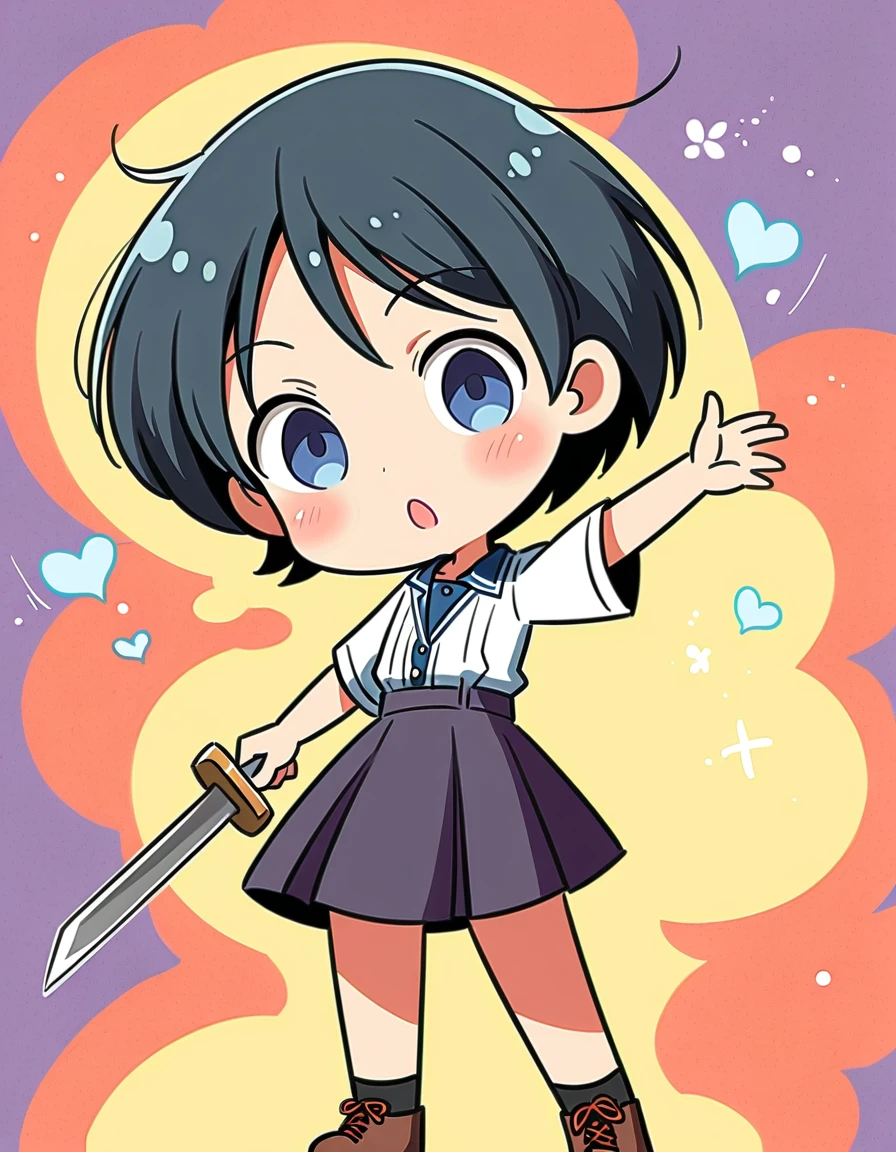 Anime style illustrations,A cool guy carrying a sword,High school girl wearing a cute uniform