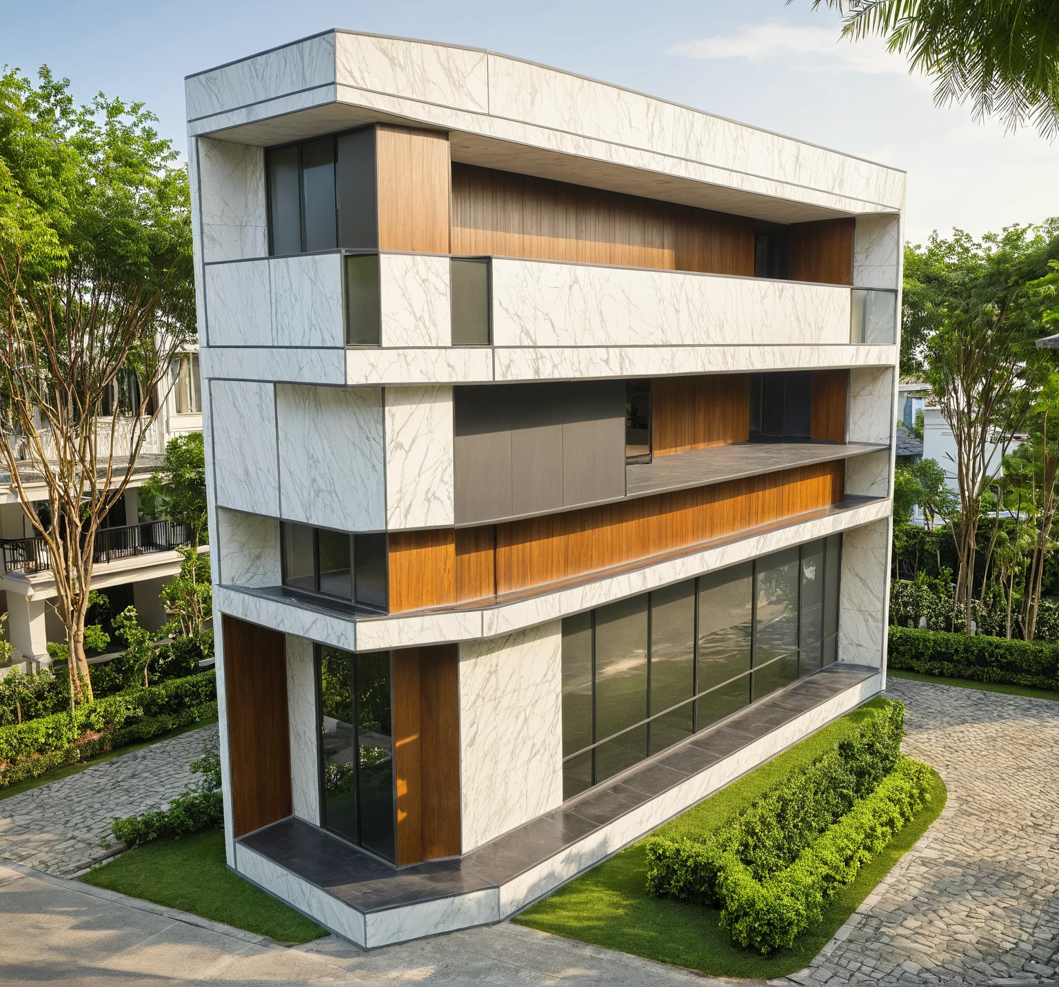 modern villa on street, (daylight), tropical tree, vivid colour, streetcapes, white tone, white wall, large glass door, warm interior lighting, wood and marble, best quality, 17ArchiAI_XL_VL-v1
