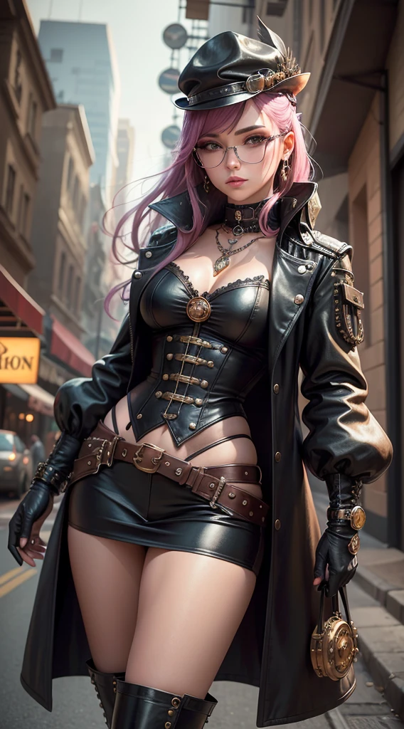 Em um mundo de fantasia steampunk, uma mulher com um estilo punk a vapor assume o centro do palco enquanto caminha por uma rua intrigante. She is dressed in a flawless black leather outfit adorned with gleaming metallic accents, que a destacam na paisagem. Its accessories are a work of art in itself, with stylized aviator glasses, luvas de renda, and knee-high boots that echo the retro-futuristic aesthetic of steampunk.
Seus cabelos longos e escuros caem graciosamente sobre seus ombros, acentuado por destaques coloridos que adicionam um toque de rebeldia ao seu visual. Her eyes look at the camera with a confident and defiant expression, Revealing the determination that drives her in this intriguing world.
The scenery around it is a street adorned with giant gears, steam pipes and peculiar mechanical structures. The atmosphere is saturated with copper and bronze tones, Creating an authentic and captivating steampunk scene.
In this extraordinary setting, Our protagonist embodies the fusion between the elegance and style of steampunk and the bold attitude of punk. Feel inspired to create an image that captures this unique and mysterious fusion."