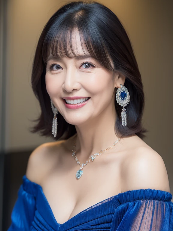 (Solo:1.3),8K, Best quality, Masterpiece, Realistic, Super detail, f/1.2, 85mm, Nikon, Smiling woman with shiny hair, Natural makeup, 69 years old beautiful asian woman, blue off-shoulder tops，Ruffled sleeves, Diamond pendant necklace, Emphasize chest, waist shot,