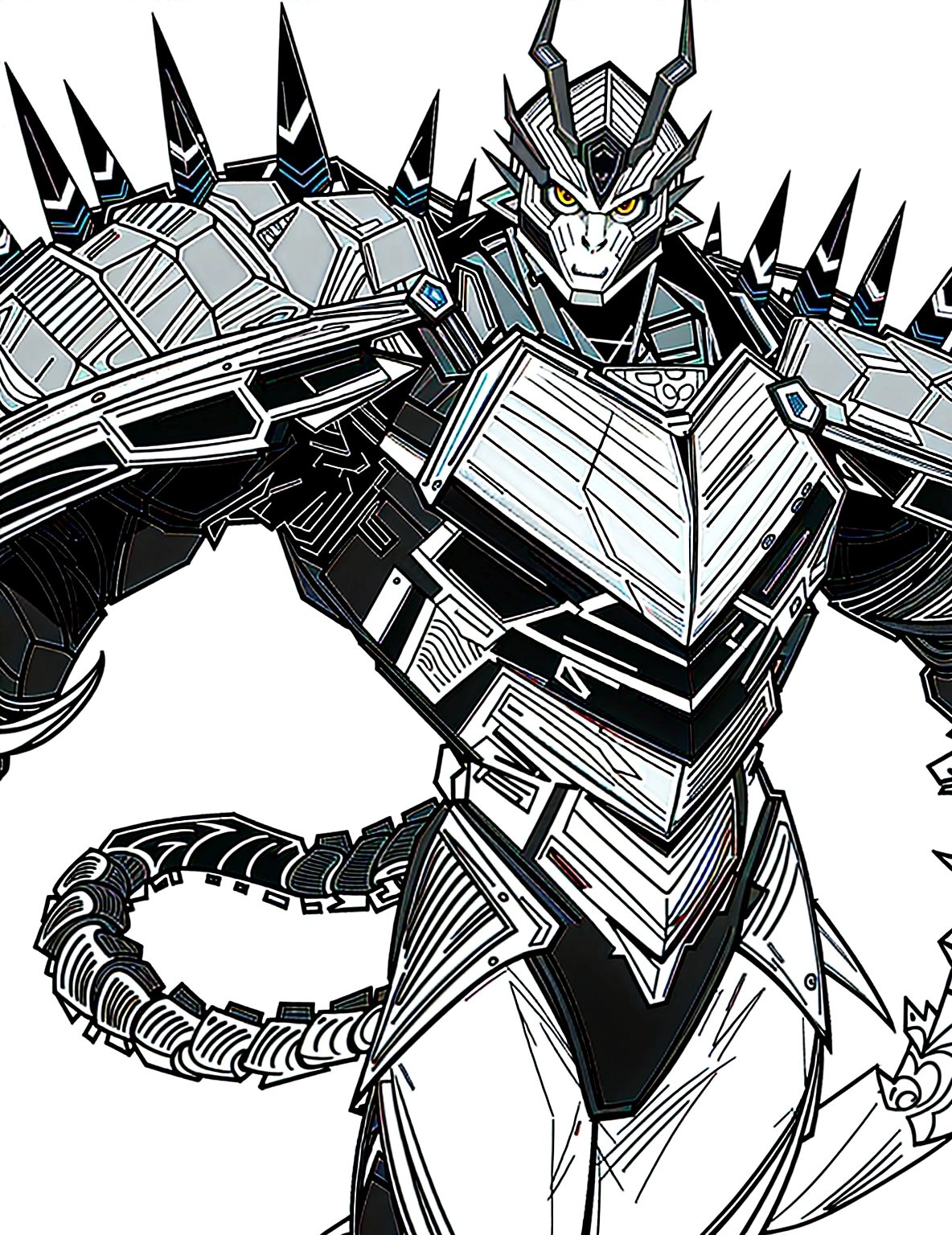 a drawing of a man with a large horned head and a sword, dragon cyborg, cyborg dragon portrait, sharp robot dragon claws, with scaly-looking armor, male robotic anthro dragon, well armored mech dragon, with robot dragon head, robot mecha female dragon head, robot dragon claws, greek god in mecha style, mecha inspired, dragon inspired armor, clean lineart, clean lines, refined