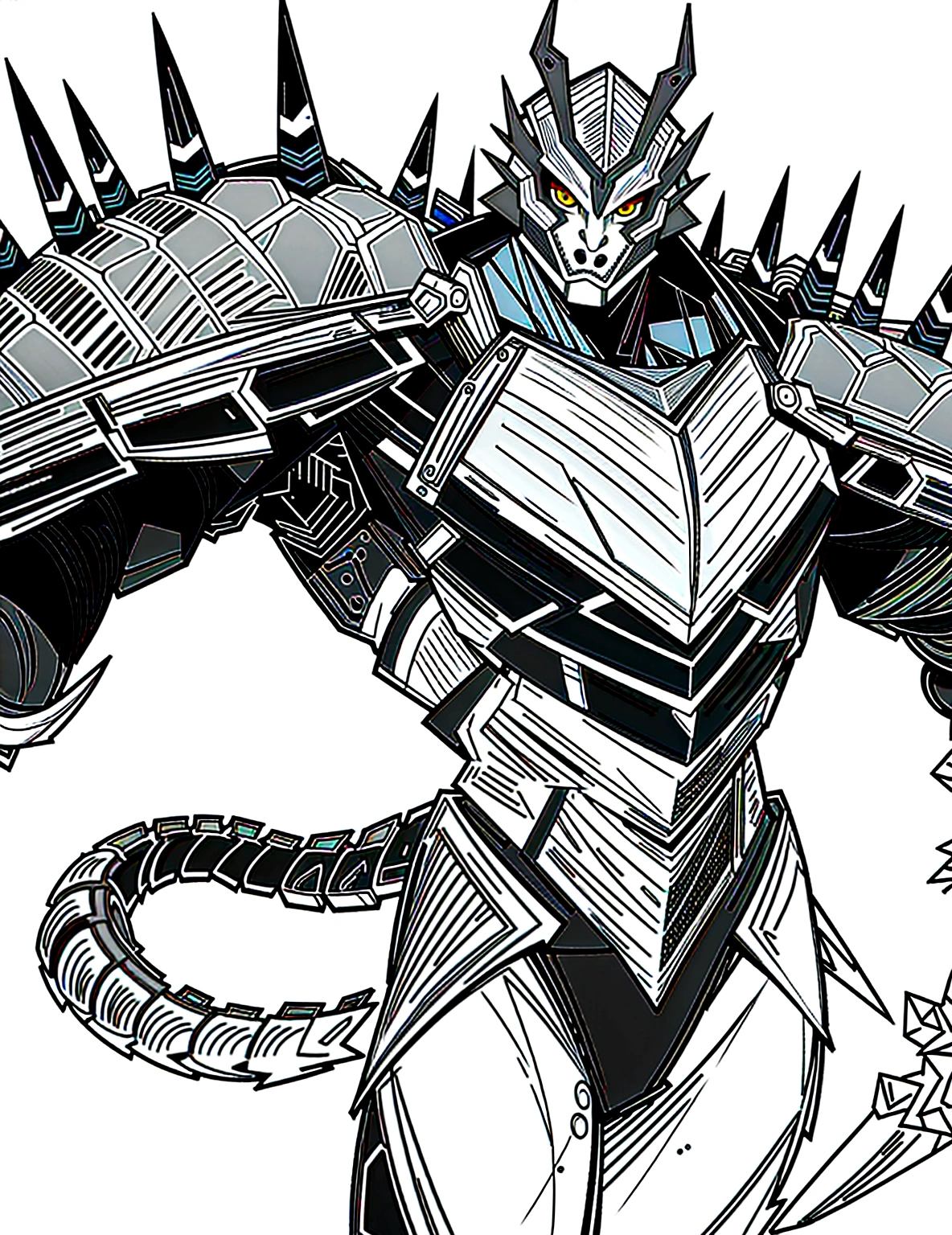 a drawing of a man with a large horned head and a sword, dragon cyborg, cyborg dragon portrait, sharp robot dragon claws, with scaly-looking armor, male robotic anthro dragon, well armored mech dragon, with robot dragon head, robot mecha female dragon head, robot dragon claws, greek god in mecha style, mecha inspired, dragon inspired armor, clean lineart, clean lines, refined