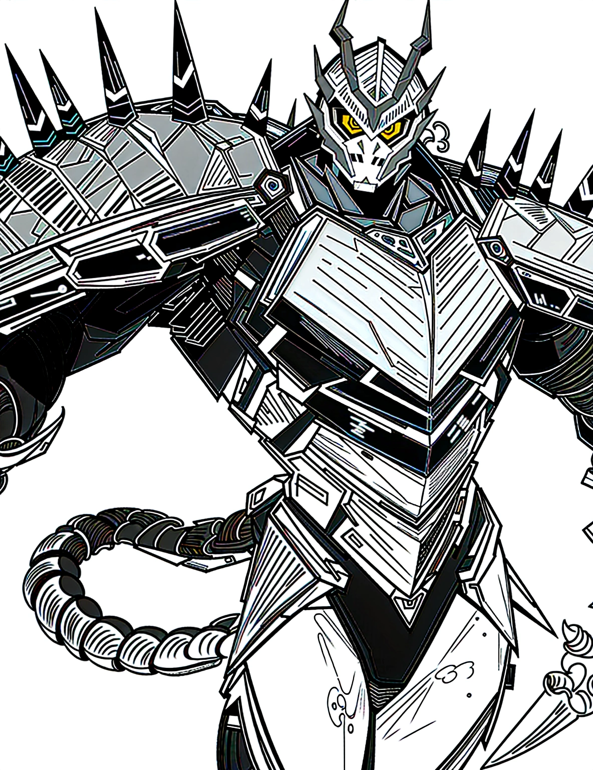 a drawing of a man with a large horned head and a sword, dragon cyborg, cyborg dragon portrait, sharp robot dragon claws, with scaly-looking armor, male robotic anthro dragon, well armored mech dragon, with robot dragon head, robot mecha female dragon head, robot dragon claws, greek god in mecha style, mecha inspired, dragon inspired armor, clean lineart, clean lines, refined