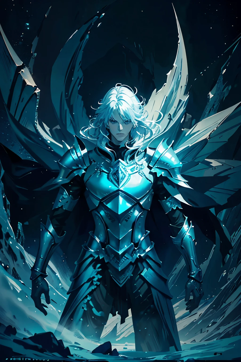 Ice knight, beautiful man with fine armor, intricate design, ocean blue details, silk, cinematic lighting, 4k, floating hair, sharp, prism, shining knight. Man with details armor.