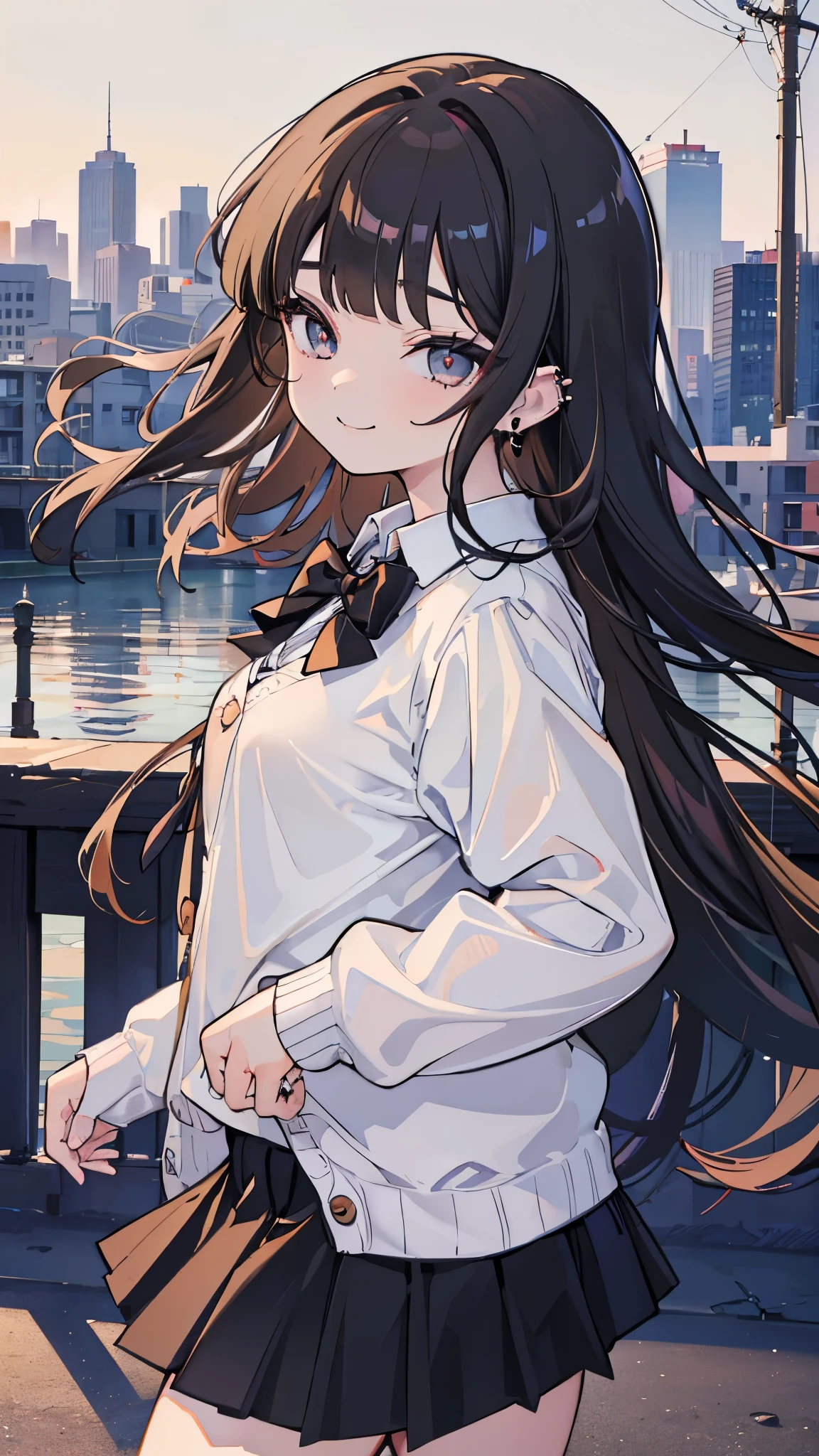 (8K、Best image quality、Highest quality、masterpiece)、Detailed face、 One girl、Black Hair、Long Hair、blunt bangs、Grey Eyes、evil smile、((lots of piercings))、Small breasts、((White collared shirt))、A bow tie、((brown cardigan))、((Black pleated skirt))、(Skirt fluttering in the wind))、((White panties))、Pretend、Turning your butt off、Shoot from behind、Cowboy Shot、City Background