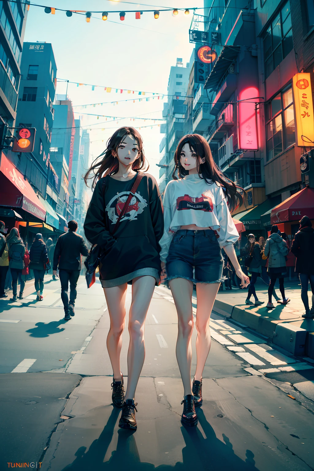 Stunning couple,Perfectly proportional bodies, XXL Brown eyes,Heart-warming smiles,Trendy urban outfits, Casual yet stylish, Close embrace,Walking together on a bustling street,Cityscapes, Romantic soft light, Blurred background,Pop-art inspired style, Ultra-detailed, Realistic, 8K, HDR,UHD, Sharp focus, Physically-based rendering, VibrantUltra-fine painting, Professional, Bold colors, Neon accents, Extreme detail description, Studio lighting, Bokeh, Daytime, Dynamic light and shadow, Clean lines, Elaborate, The
