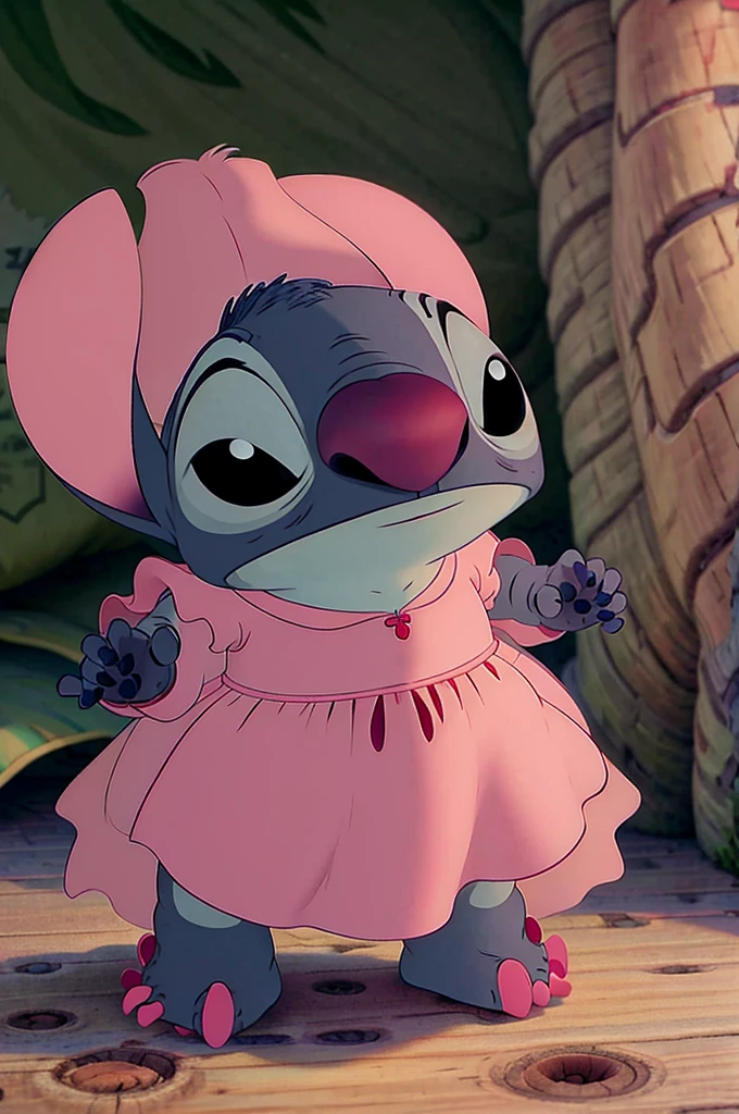 st1tch wearing a pink princess dress, in front of a castle