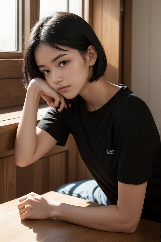 create an image of a girl leaning over a wooden table the sun comes in through a window not visible in the image that illuminates her arm highlighting the small hairs she is wearing a black shirt and has straight, short black hair at neck length, The environment appears to be her bedroom, but the framing of the image focuses on the girl leaning over the table, giving the background a slight blur.