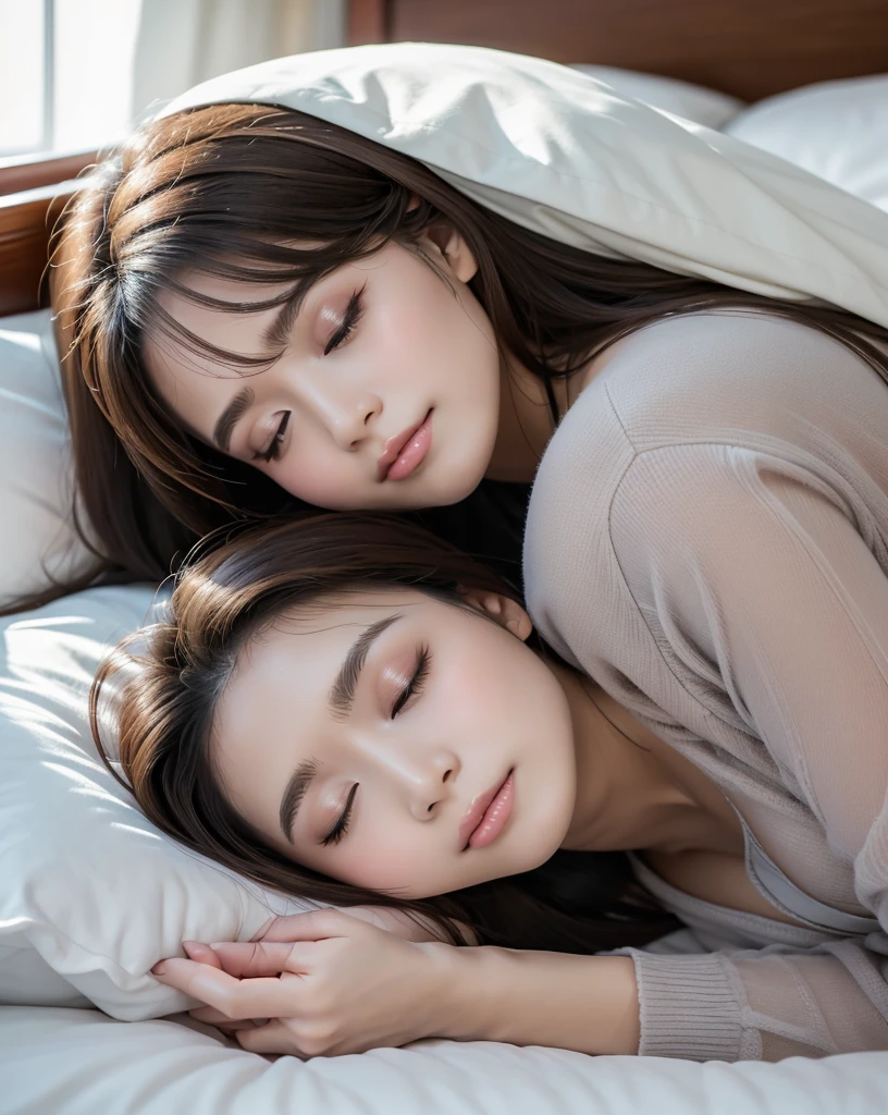 (Highest quality, 32k, High resolution, Masterpiece:1.5, ), marimo_jet, god々A photograph with brilliant dazzling and healing power., Evoking a sense of calm and elusive beauty, Expressing emotions, Have a rich imagination,Beautiful Japanese Girls, ((One person:1.7)), ((Lying in bed:1.4)), An exceptionally beautiful face, Small Face Beauty, Perfect Human Anatomy, Motherhood and generosity, Deep Love, Innocent sleeping face, Close ~ eyes, Shiny brown hair, Intricately detailed long hair, Asymmetrical bangs, Hair between the eyes, Transparent, soft white skin, Sharp eyebrows, Thin lashes, No makeup, Pale pink detailed lips, , ((Grey camisole:1.2)), High resolutionの完璧な鎖骨, High resolutionの美しい胸元, Slim figure with ample breasts, High resolutionの美しい太もも, ((A bright room with morning sunlight streaming in:1.3)), ((White bed:1.3)), Professional Lighting, Professional photographer, Professional models, god秘的